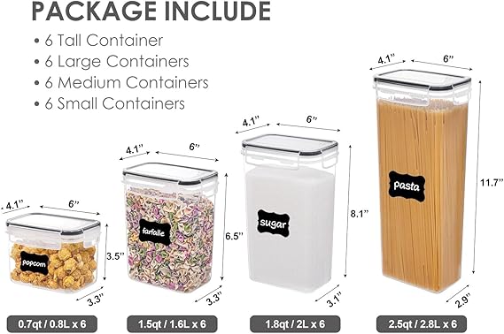Airtight Food Storage Containers with Lids, Vtopmart 24 pcs Plastic Kitchen and Pantry Organization Canisters for Cereal, Dry Food, Flour and Sugar, BPA Free, Includes 24 Labels,Black