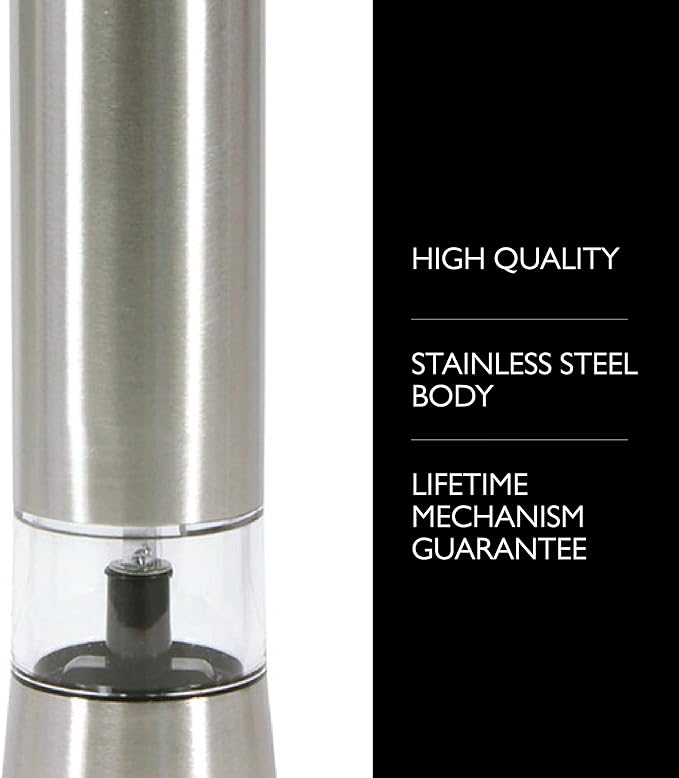 Cole & Mason Hampstead Electronic Salt Mill - Electric Salt Grinder Set - Adjustable Electric Spice Grinder - Kitchen Tool & Gadget - Hand Wash - Stainless Steel