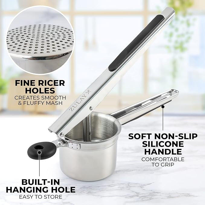 Zulay Kitchen Large 15oz Potato Ricer, Heavy Duty Stainless Steel Potato Masher and Ricer for Mashed Potatoes, Mashed Potato Masher & Potato Press Kitchen Gadget for Perfect Mashed Potatoes