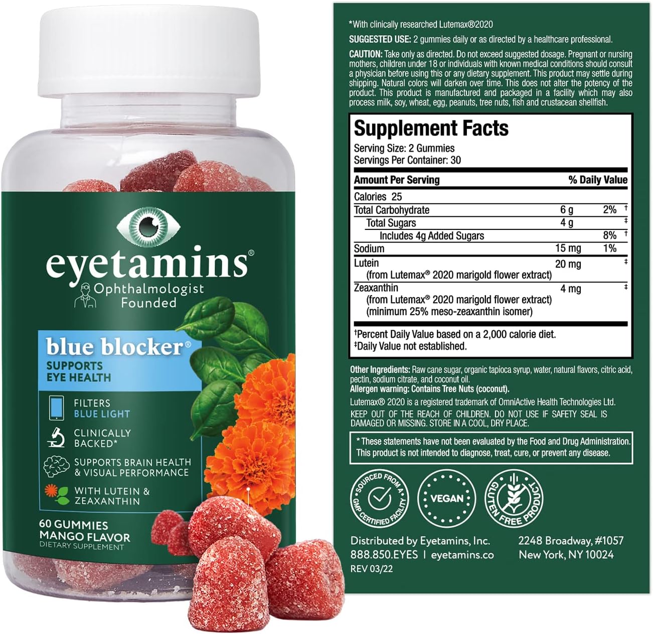 Eyetamins Blue Blocker® Eye Health - 60 Lutein Gummies - Ophthalmologist-Developed - Support Vision, Filter Blue Light & Help Eye Strain - Promotes Sleep, Focus Eyesight – Vegan & Non-GMO Formula