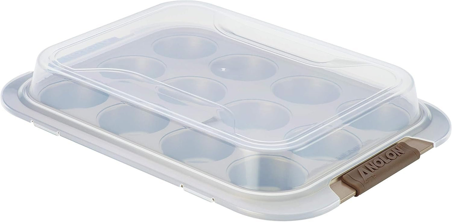 Anolon 12 Cup Advanced Bronze Nonstick Bakeware Muffin Pan with Silicone Grips, Brown