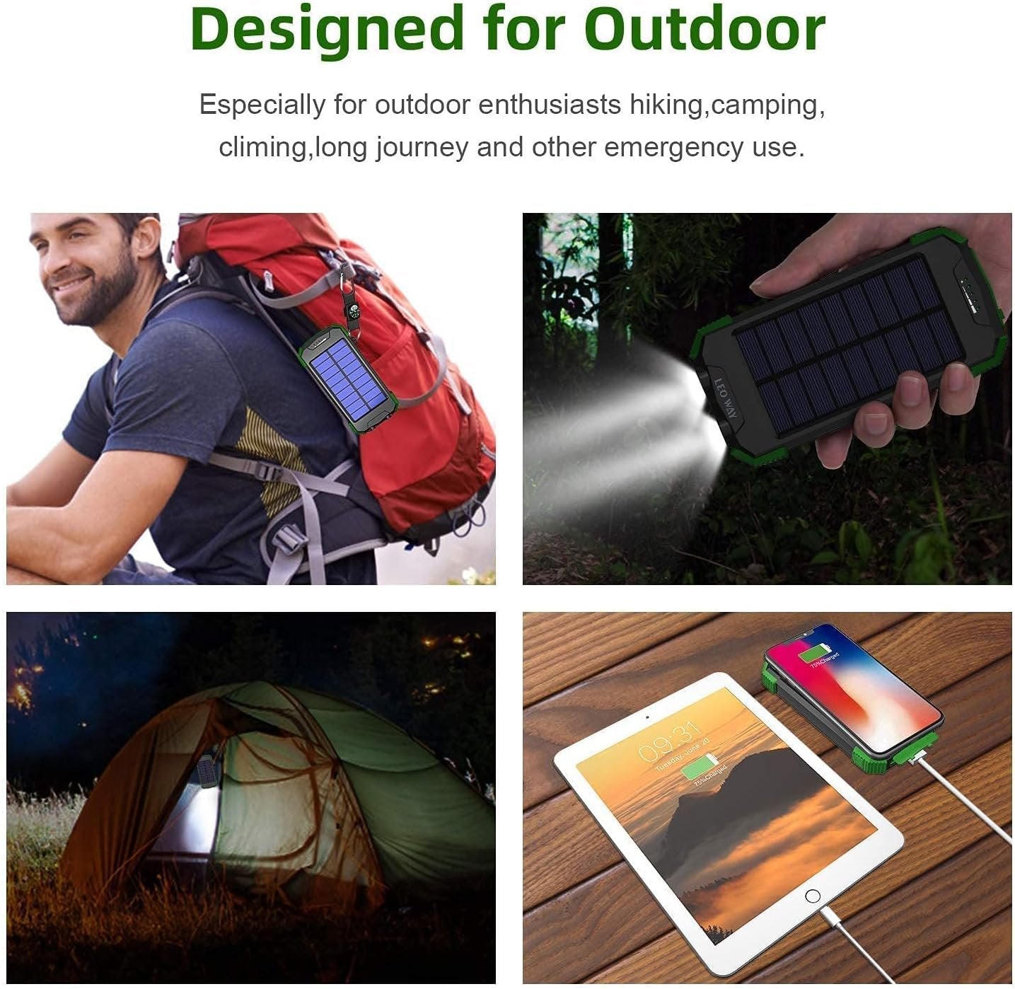 Solar Power Bank, Solar Charger 10000mAh QI Wireless Charger Portable External Battery Pack, Solar Panel Charging with Compass Dual Flashlight Outdoor Camping(Green)