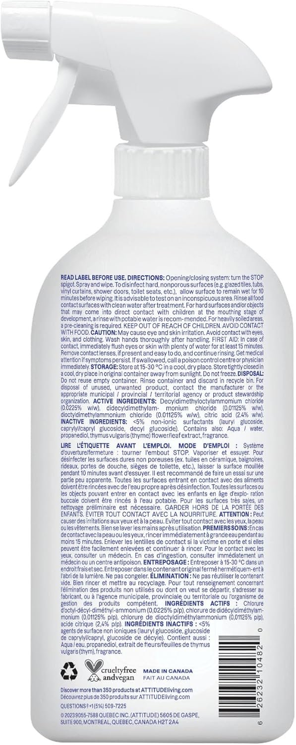 ATTITUDE Bathroom Cleaner Disinfectant 99.99%, Made in Canada, Eliminates Bacteria, Germs and Viruses, Vegan, Lavender and Thyme, 800 mL