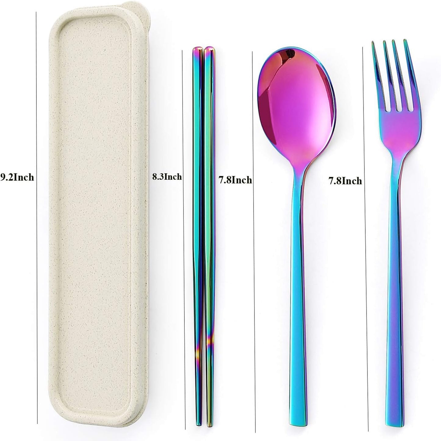 Camping Flatware 3PCS, Stainless Steel Travel Outdoor PVD Rainbow Cutlery Utensils Set Chopsticks Spoon Fork. Portable Work Utensils Cutlery Set with a Wheat Straw Case (Rainbow)