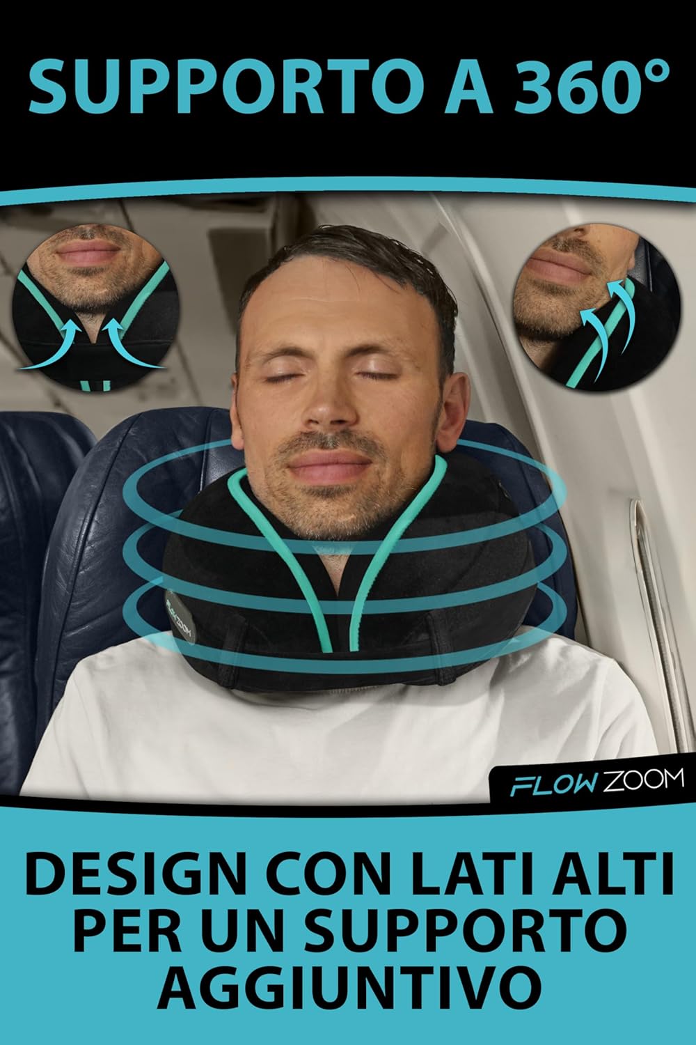 FLOWZOOM Dream Memory Foam Travel Neck Pillow - Airplane & Car Pillow, Adjustable with Raised Sides for Extra Support, Velvety Washable Lining and Mesh Bag - Black