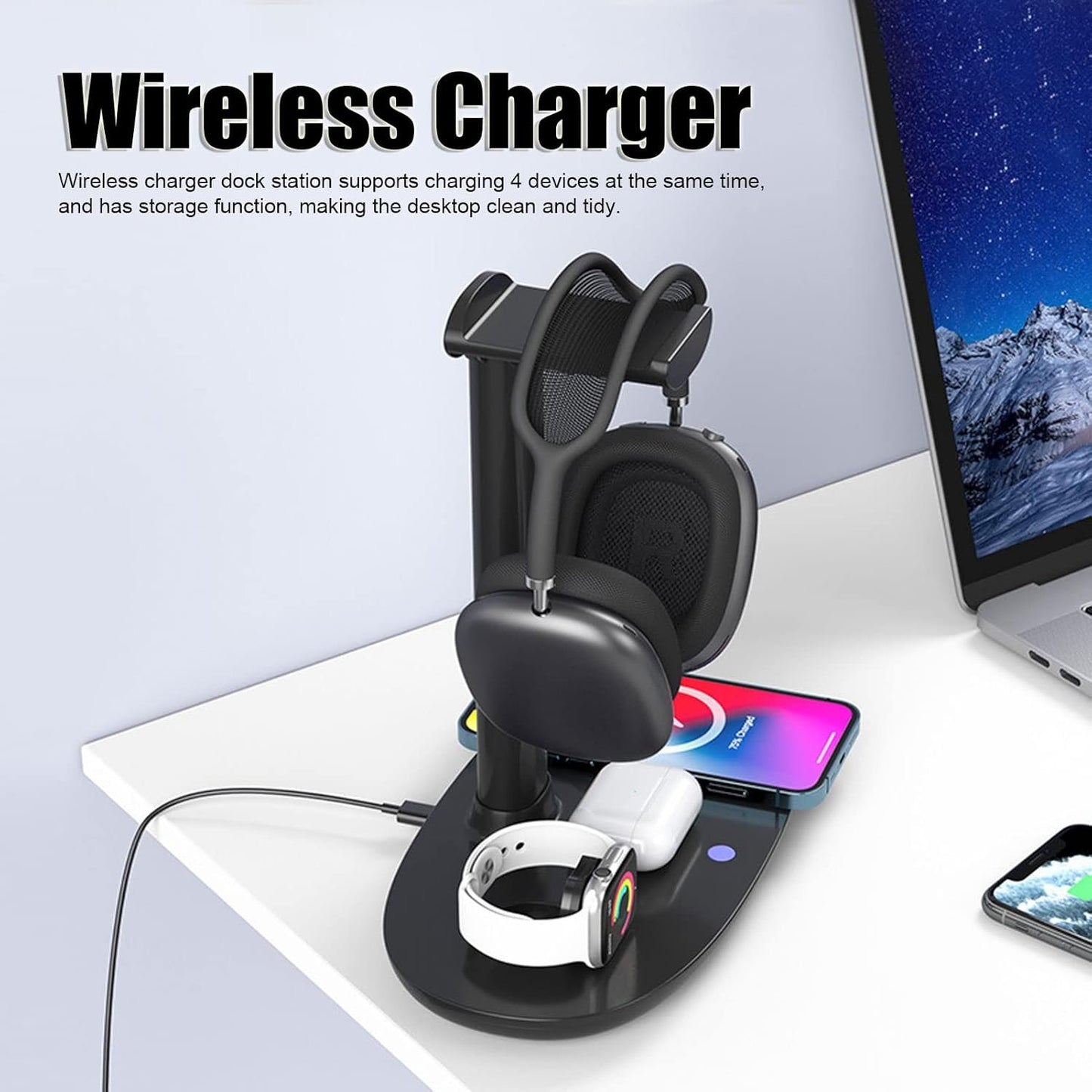 XUMIUZIY Headphone Stand with 4 on 1 Wireless Charger, Qi 15W Fast Wireless Charger for Multiple Devices, Wireless Charging Station for iOS Phone/Watch/Earphones