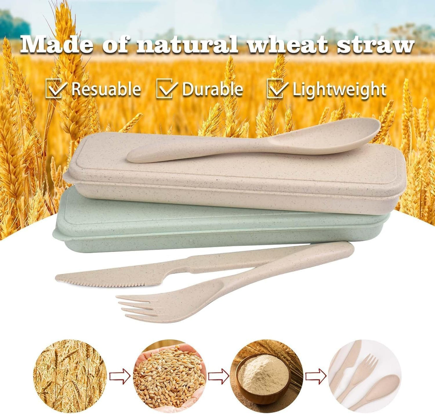 2 Sets Reusable Utensils Set with Case, Portable Camping Fork Knife Spoon Cutlery Set, Wheat Straw Travel Utensils, Tableware for Kids Adults Travel Picnic Camping Utensils (2 Color)