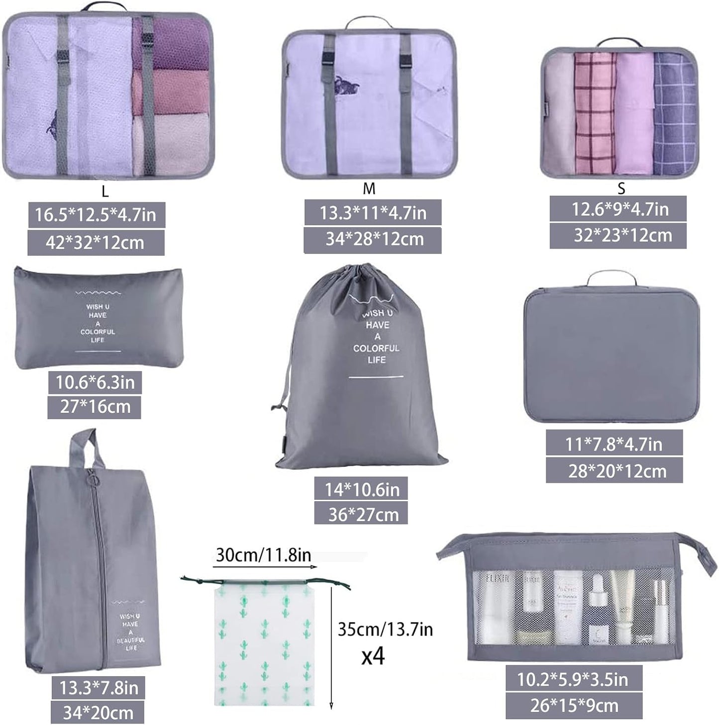 Jikekiroto 12-Piece Travel Organizer Suitcase Set Luggage Packing Set Travel Cubes Packing Organizers Sacks Storage Suitcase Set (Grey)