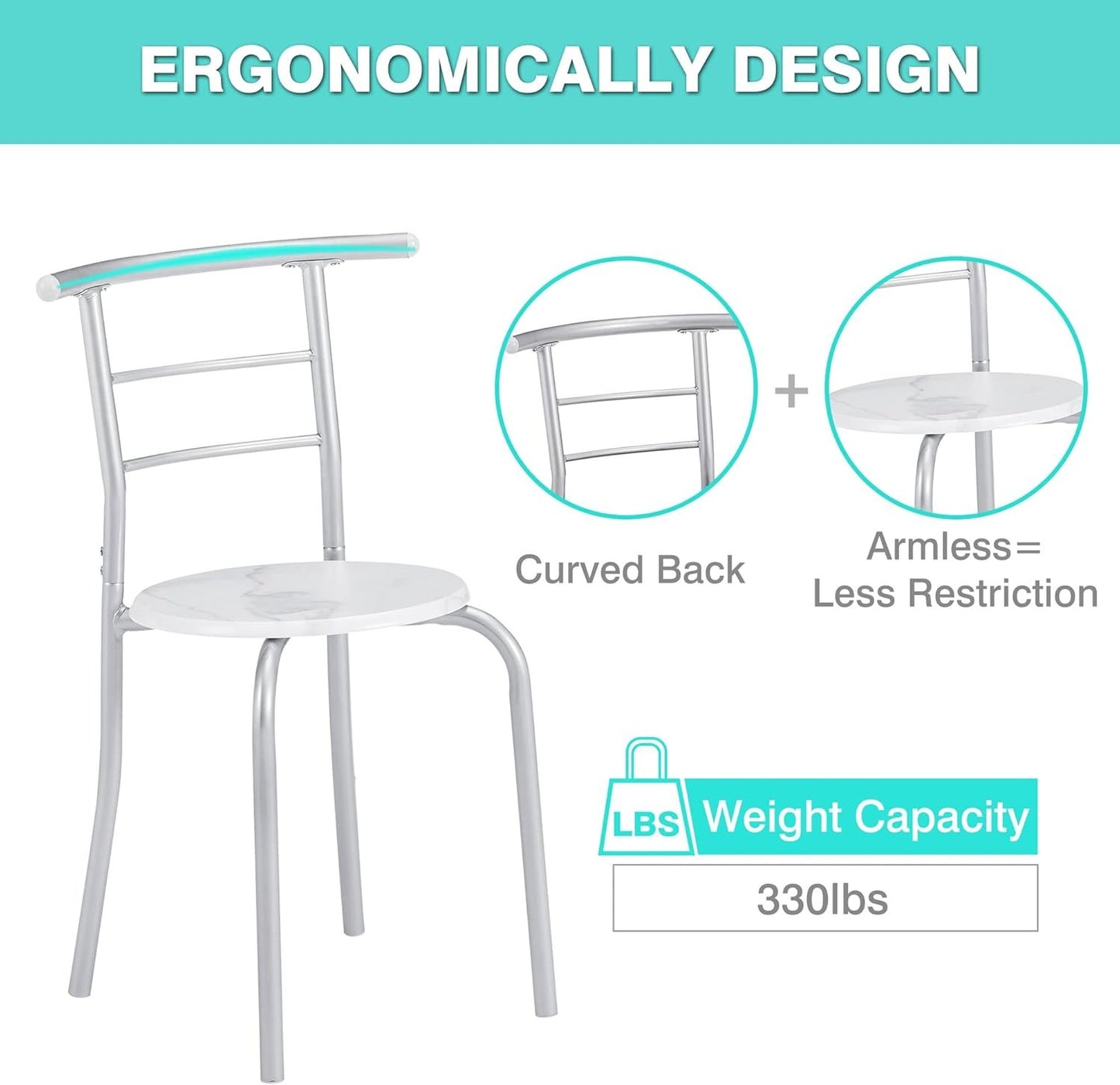 VECELO 3 Piece Small Round Dining Table Set for Kitchen Breakfast Nook, Wood Grain Tabletop with Wine Storage Rack, Save Space, 31.5", White & Silver