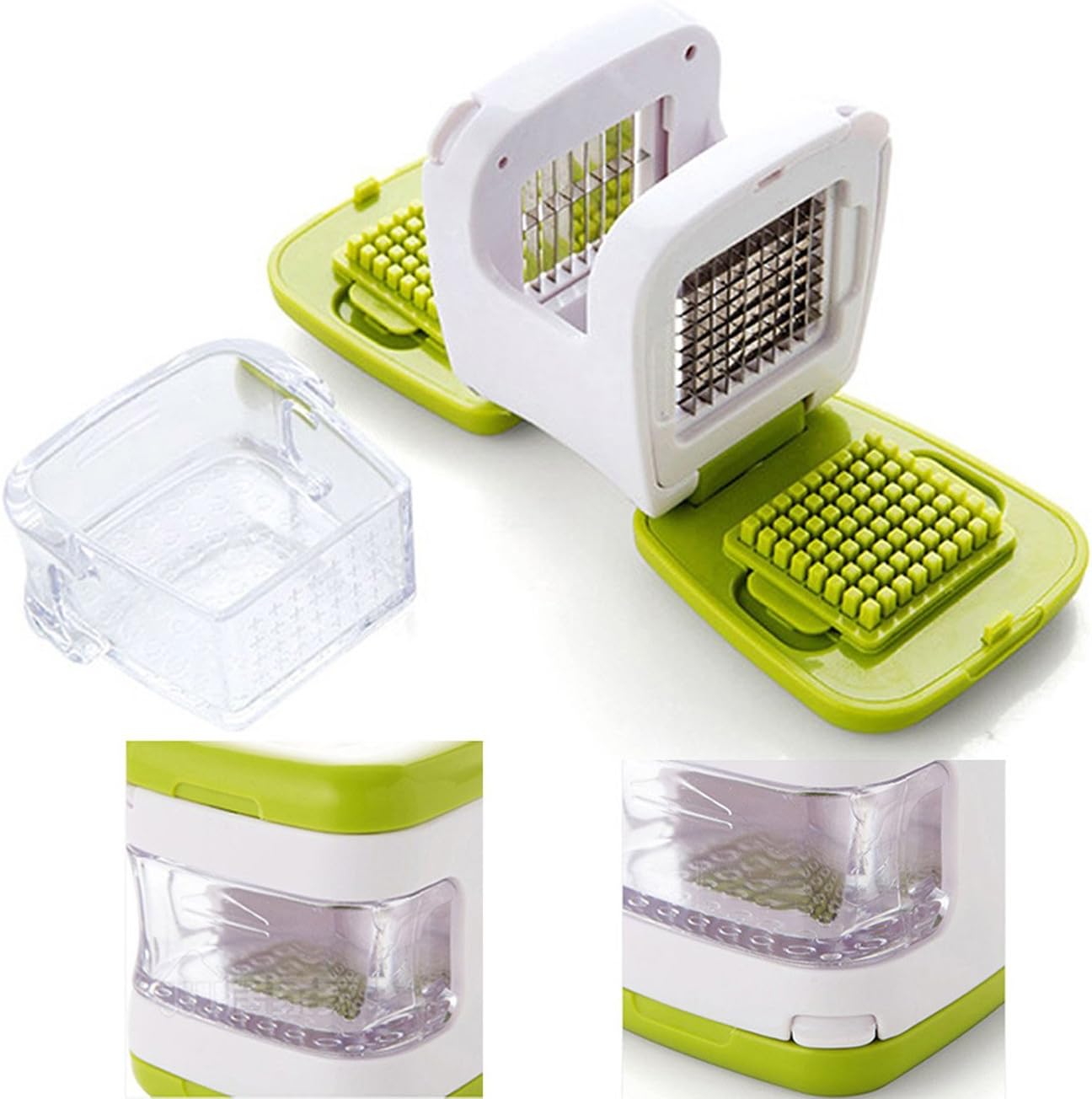 Coralpearl Garlic Ginger Press Cutter Mincer Chopper Crusher Slicer Grater Grinder Dicer Machine Food Aid in Plastic Stainless Steel with Silicone Peeler Kitchen Gadget Green Tool Set (Cube)