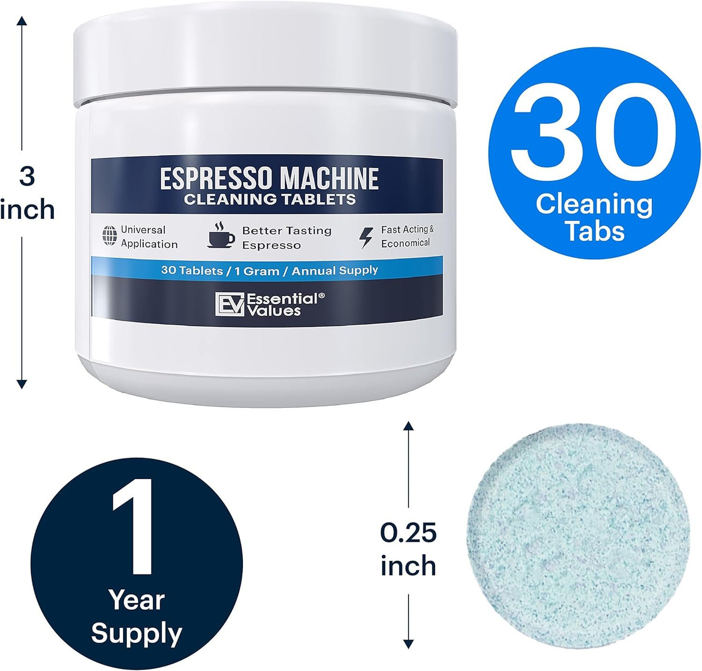 Essential Values Espresso Machine Cleaning Tablets compatible with Breville, Jura, Miele, 30 Count