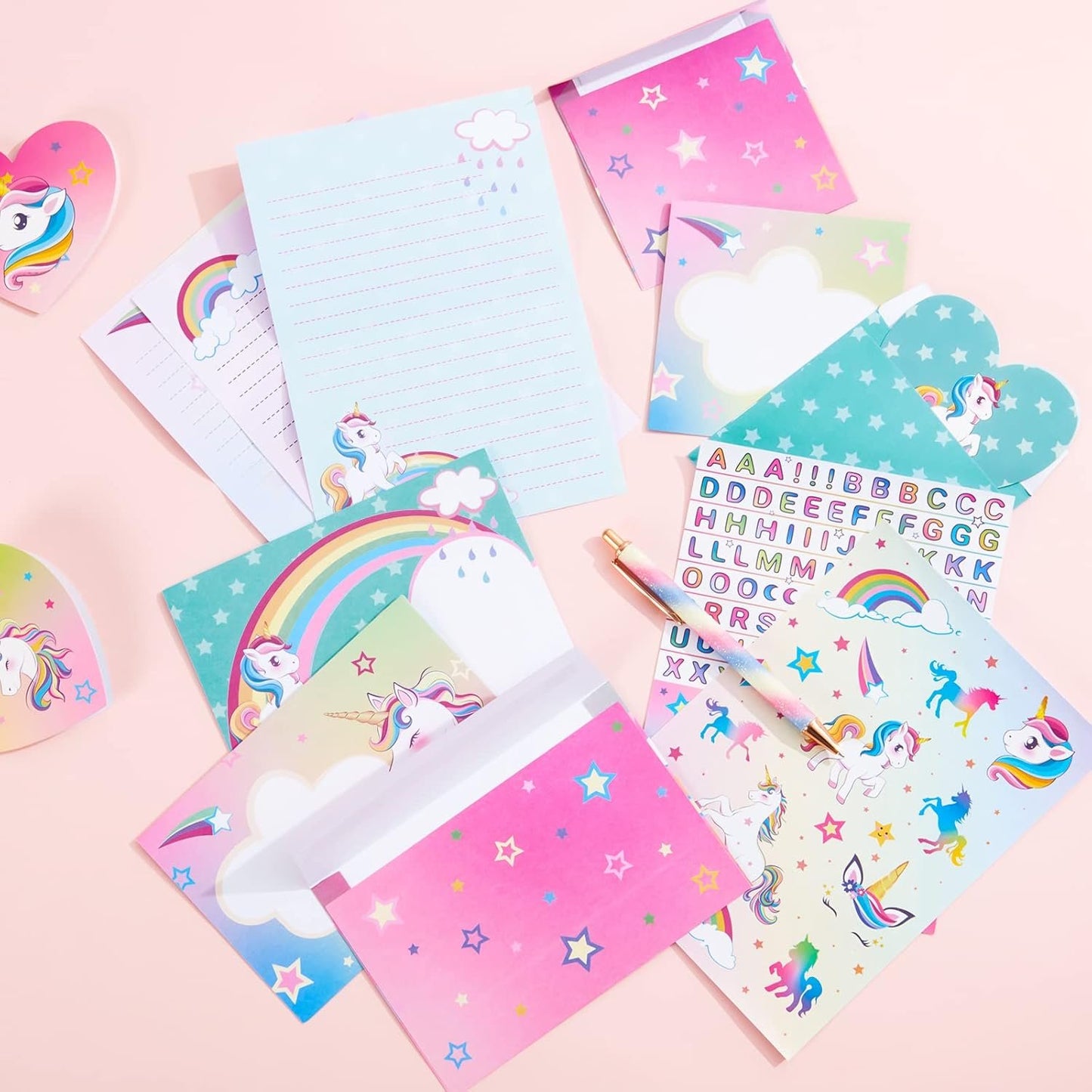 Unicorn Stationery Set - 69 PCS Letter Writing Paper Kit for Girls Kids Unicorns Gifts for Girls Stationery Writing Sheets with Envelopes Greeting Cards Stickers Ballpoint Pen