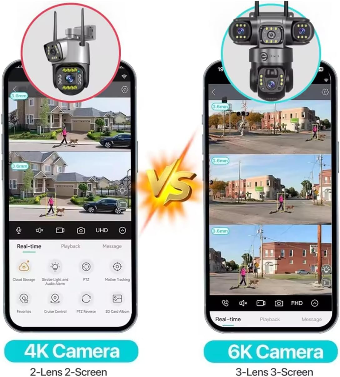 Eluxus Solar Security Camera 360° Rotatable, 3 Camera Screens, Waterproof, 4K HD, Motion Detection, 2-Way Audio, App Control, Lithium Battery, Cloud & SD Storage – Indoor/Outdoor CCTV (with Solar)