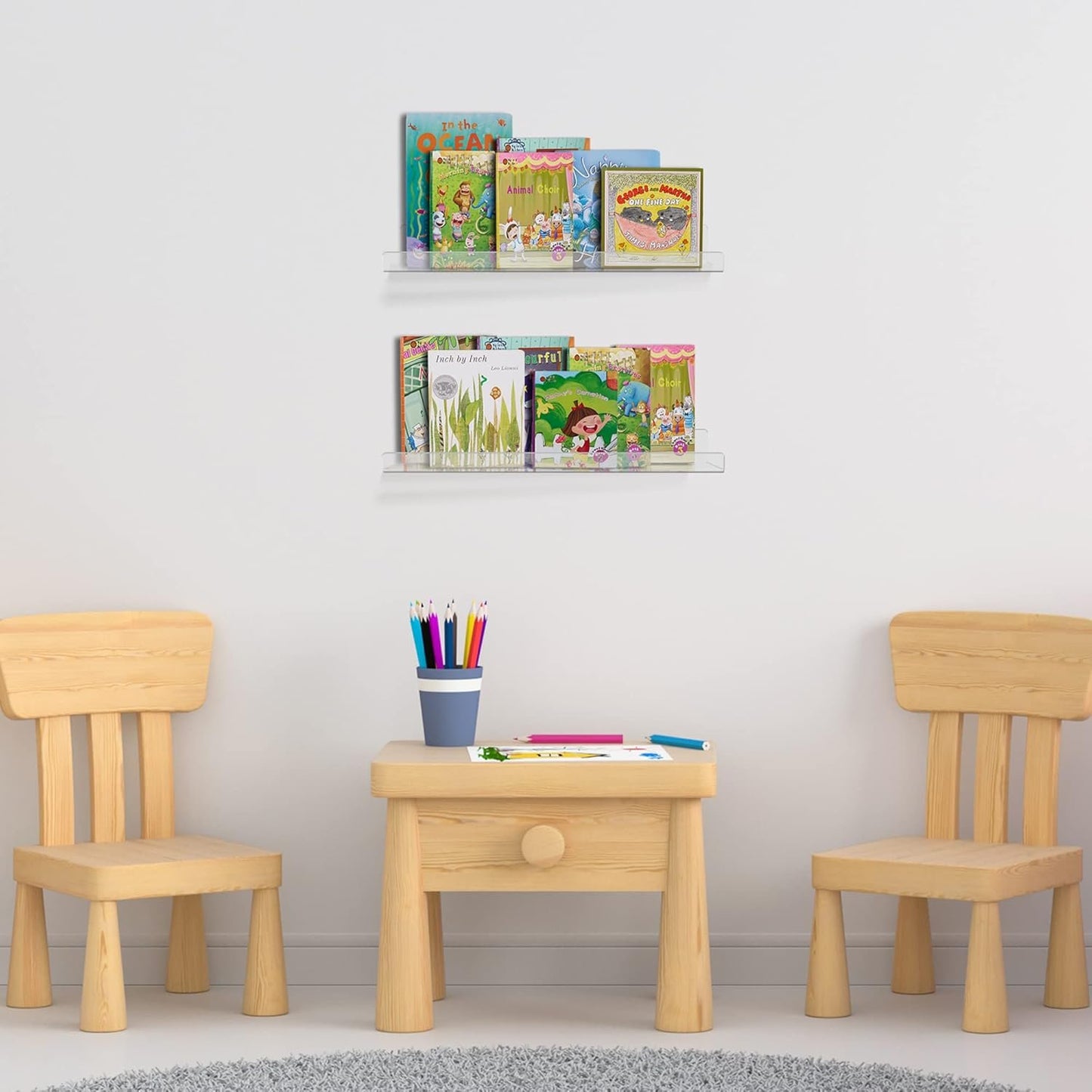 upsimples Clear Acrylic Shelves for Storage, 15" Floating Shelves Wall Mounted for Kids Bookshelf/Display Ledge for Bedroom, Living Room, Bathroom, Kitchen, Set of 4