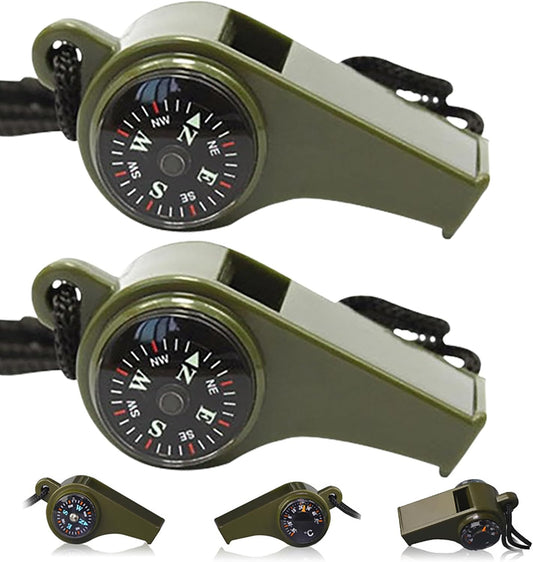 2 Pack Emergency Survival Whistle - Upgraded 3-in-1 Emergency Whistles with Compass and Thermometer/Loud Safety Whistle with Lanyard for Outdoor Hiking, Boating, Camping, Hunting, Fishing