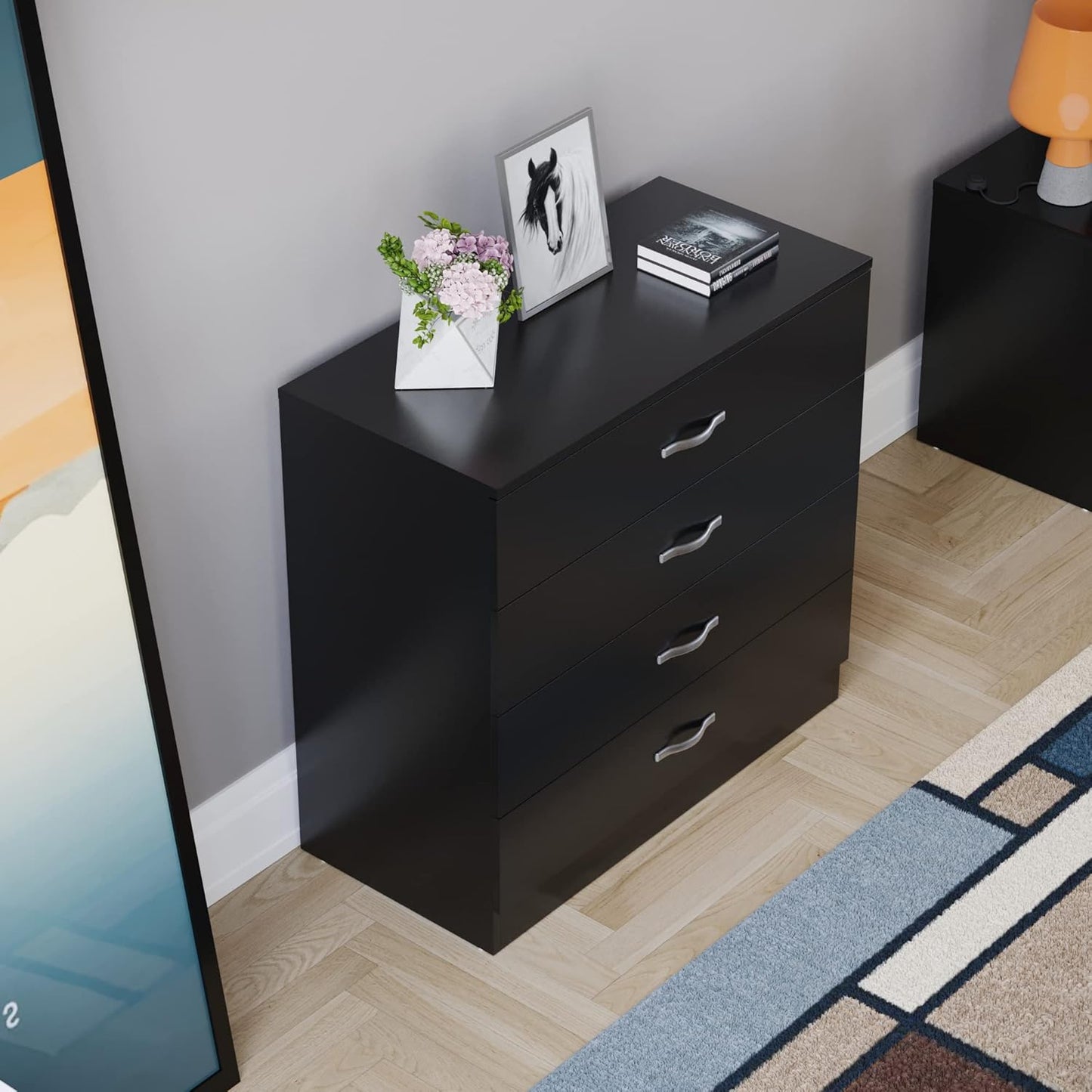 Home Discount Black Chest of Drawers, 4 Drawers with Metal Handles and Runners, Unique System with Guides, Riano Bedroom Furniture