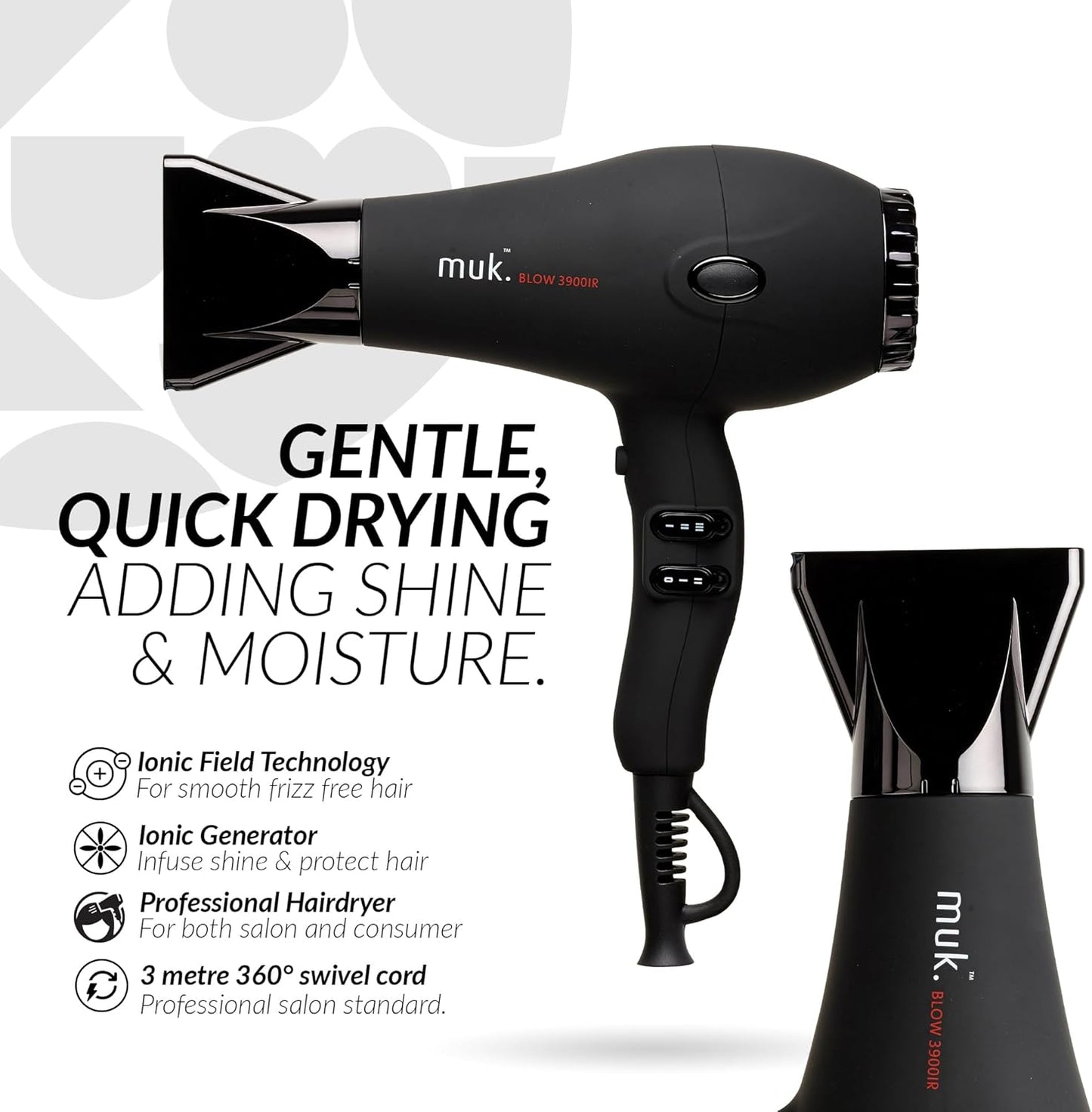 MUK. Professional Blow Dryer 3900 IR 2300 Watt - Lightweight Travel Hair Dryer for Gentle, Quick Styling. Hair Dryer with Ionic Generator for Shine & Protection. 3m Swivel Cord, Matte