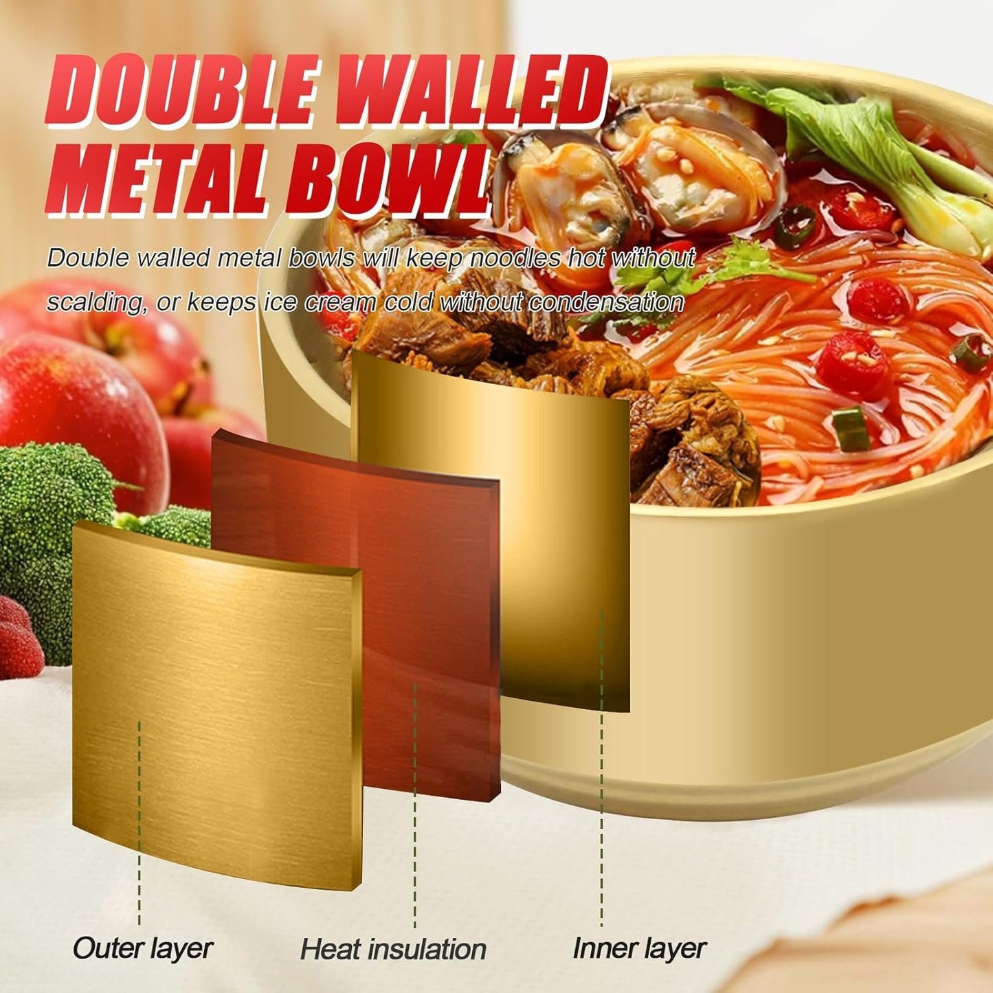 Aynaxcol Stainless Steel Rice Bowl with Lid, Set of 2, for Korean Kitchen Restaurant, Double-walled Metal Bowls, Multi-Purpose Insulated Soup Bowls Snacks Bowls (11.5cm Gold)