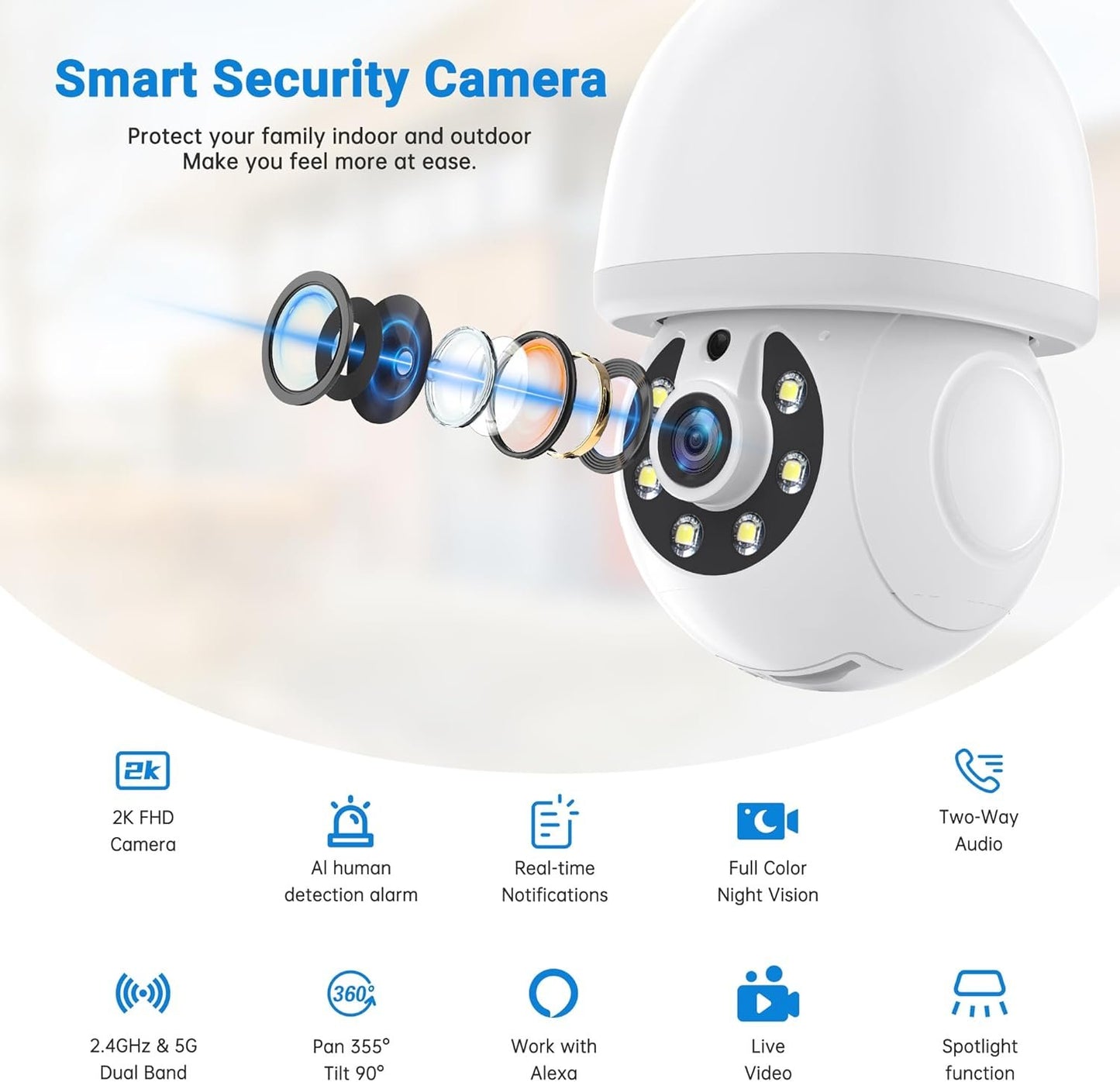 Light Bulb Security Camera 5G/2.4G,WiFi Bulb Security Cameras Wireless Outdoor, 2K Light Bulb Camera, AI Motion Detection Cameras for Home Security Outdoor,Smart Security Camera Compatible with Alexa