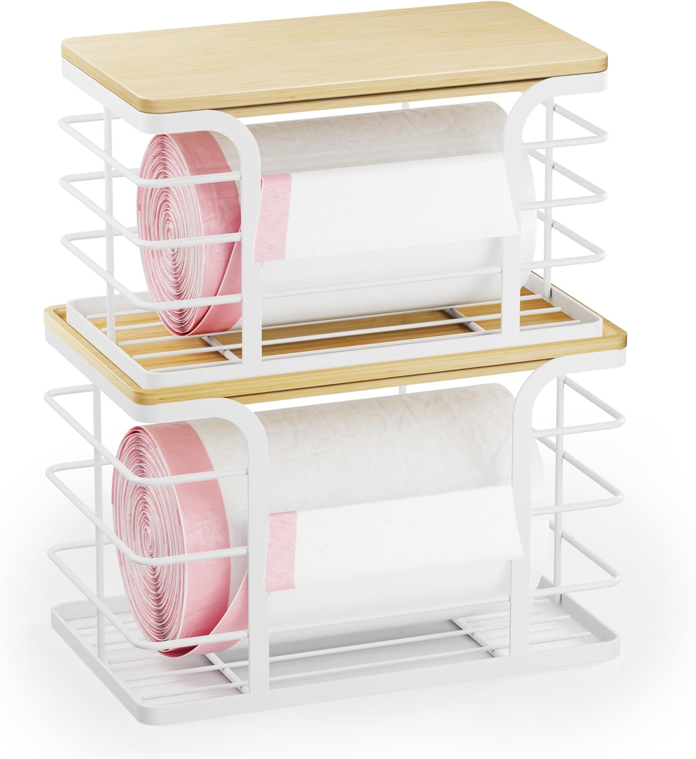 2 Pack Stackable Storage Kitchen Laundry Organizers,Trash Bag Holder Wall Mount Garbage Bag Dispenser with Bamboo Top,White Large and Small