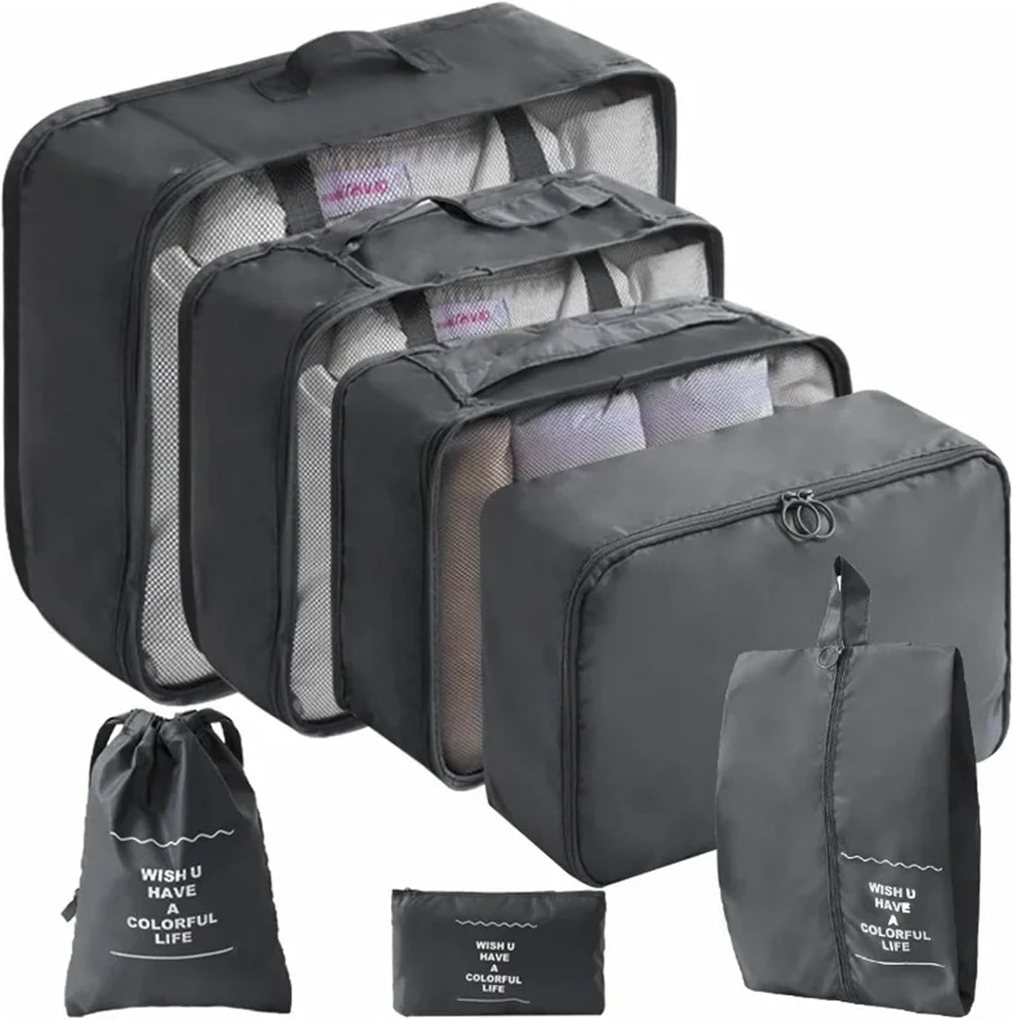 Janmobrian Organizer Valigia,Packing Cubes 10/7 PCS Set Travel Organizer Storage Bags Suitcase Packing Cubes Cases Portable Wardrobe Luggage Clothes Shoe Pouch Fold(10pcs Grey)