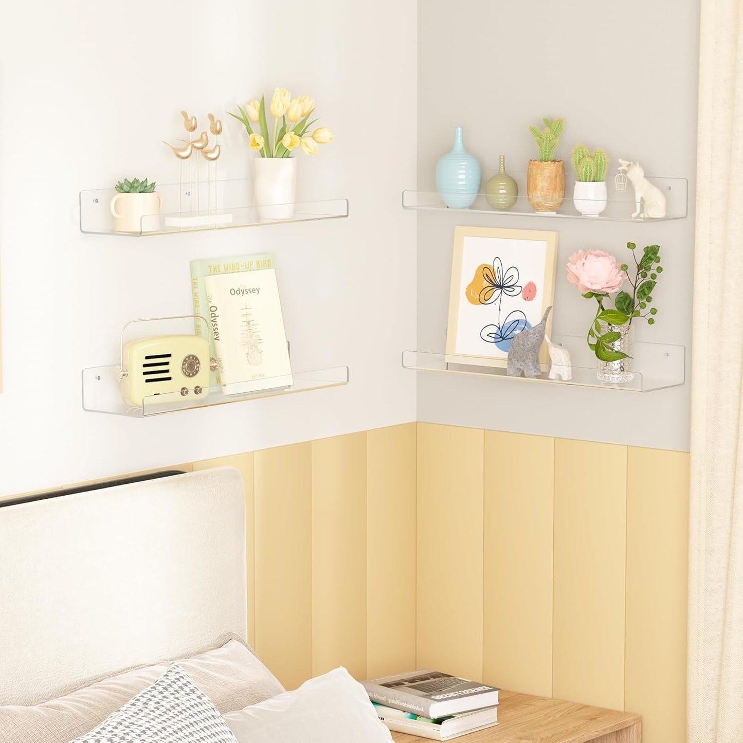 upsimples Clear Acrylic Shelves for Storage, 15" Floating Shelves Wall Mounted for Kids Bookshelf/Display Ledge for Bedroom, Living Room, Bathroom, Kitchen, Set of 4
