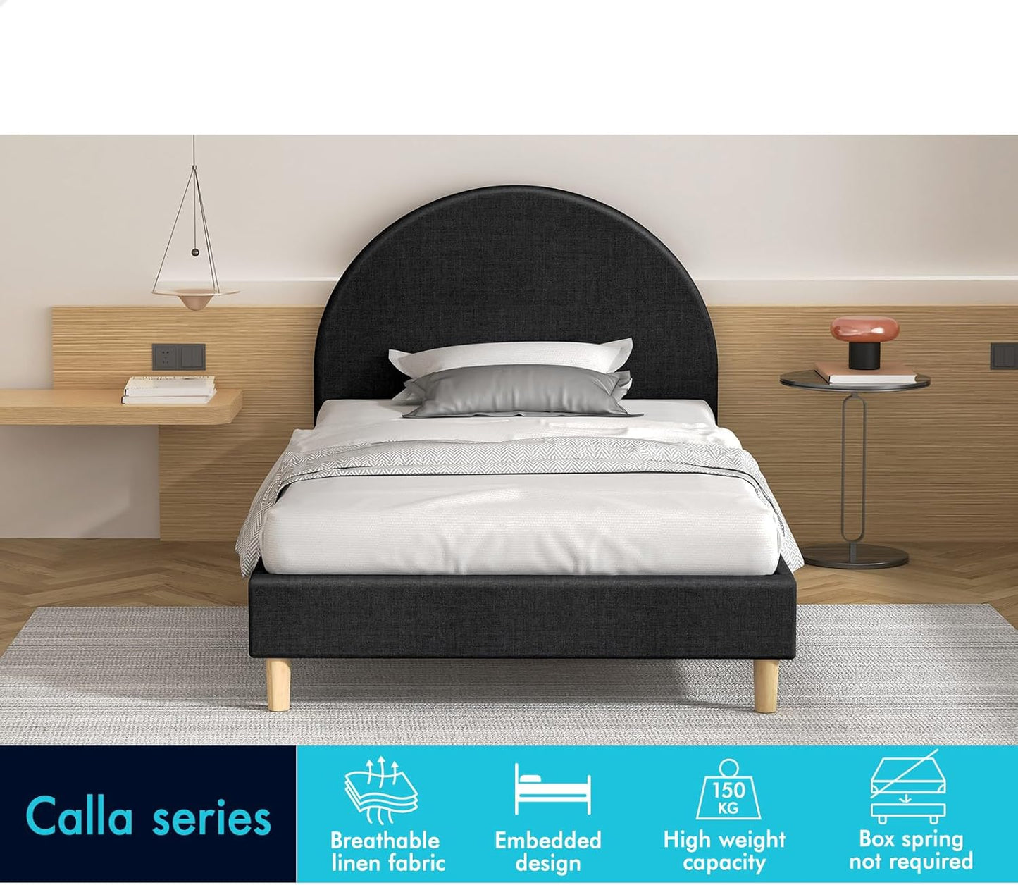 ALFORDSON Bed Frame Base Single Size with Linen Fabric Upholstery, Bed Platform Foundation with Headboard for Mattress Topper, Calla Fabric Charcoal