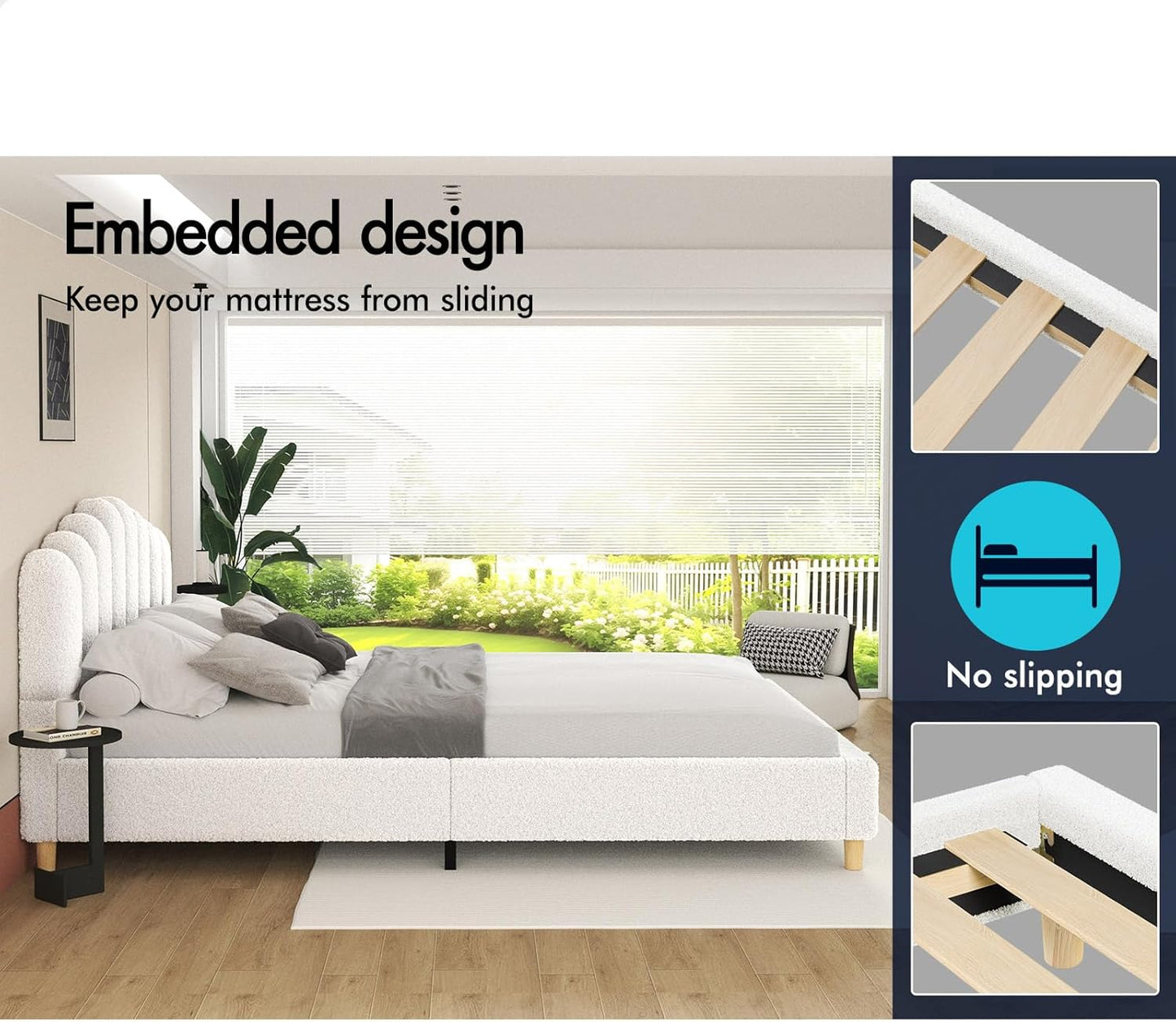 ALFORDSON Bed Frame Base Double Size with Boucle Fabric Upholstery, Bed Platform Foundation with Headboard for Mattress Topper, Tania Boucle White