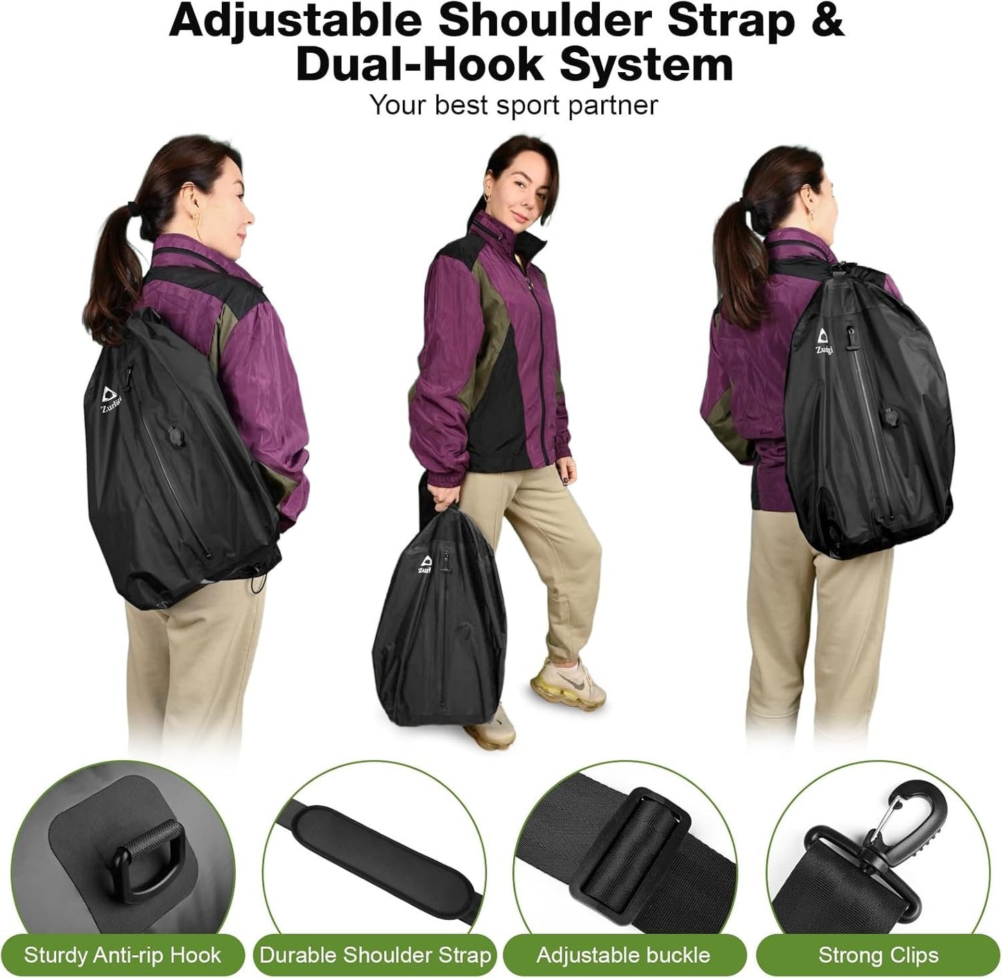 Zurligi Vacuum Bags for Travel with Pump, 40L Vacuum Compression Bag with Adjustable Shoulder Strap, IP67 Reusable Vacuum Packing Cubes for Luggage, Backpack, Suitcase, Yoga, Swim, Beach (2 PCS Black)
