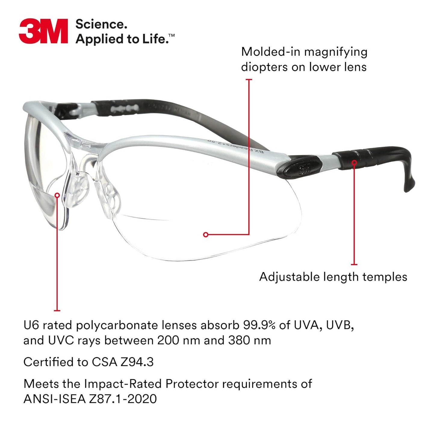 3M Safety Glasses with Readers, BX, +2.5, ANSI Z87, Anti-Fog Anti-Scratch Clear Lens, Silver Frame, Adjustable Length Temples and Lens Angle
