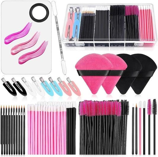 234pcs Disposable Makeup Applicators Kit With Mixing Palette, Artist Supplies, Accessories, Mascara Wands, Lip Brushes, Hair Clips, Powder Puffs for Face With Storage Box