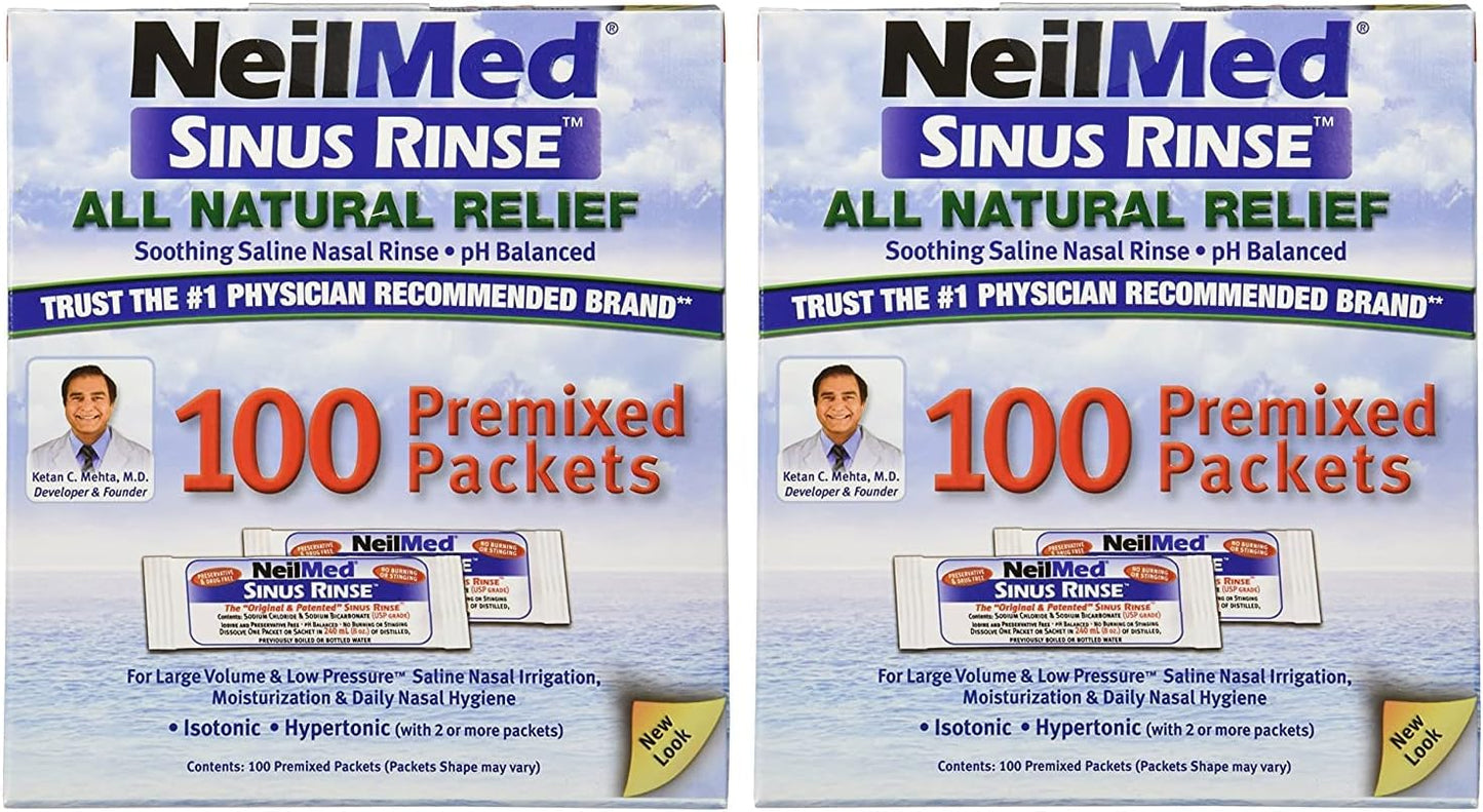 NeilMed Sinus Rinse 100 Premixed Packets – All Natural Nasal Irrigation for Sinus Relief, Moisturization, and Daily Hygiene – Drug-Free, Preservative-Free (Pack of 2)