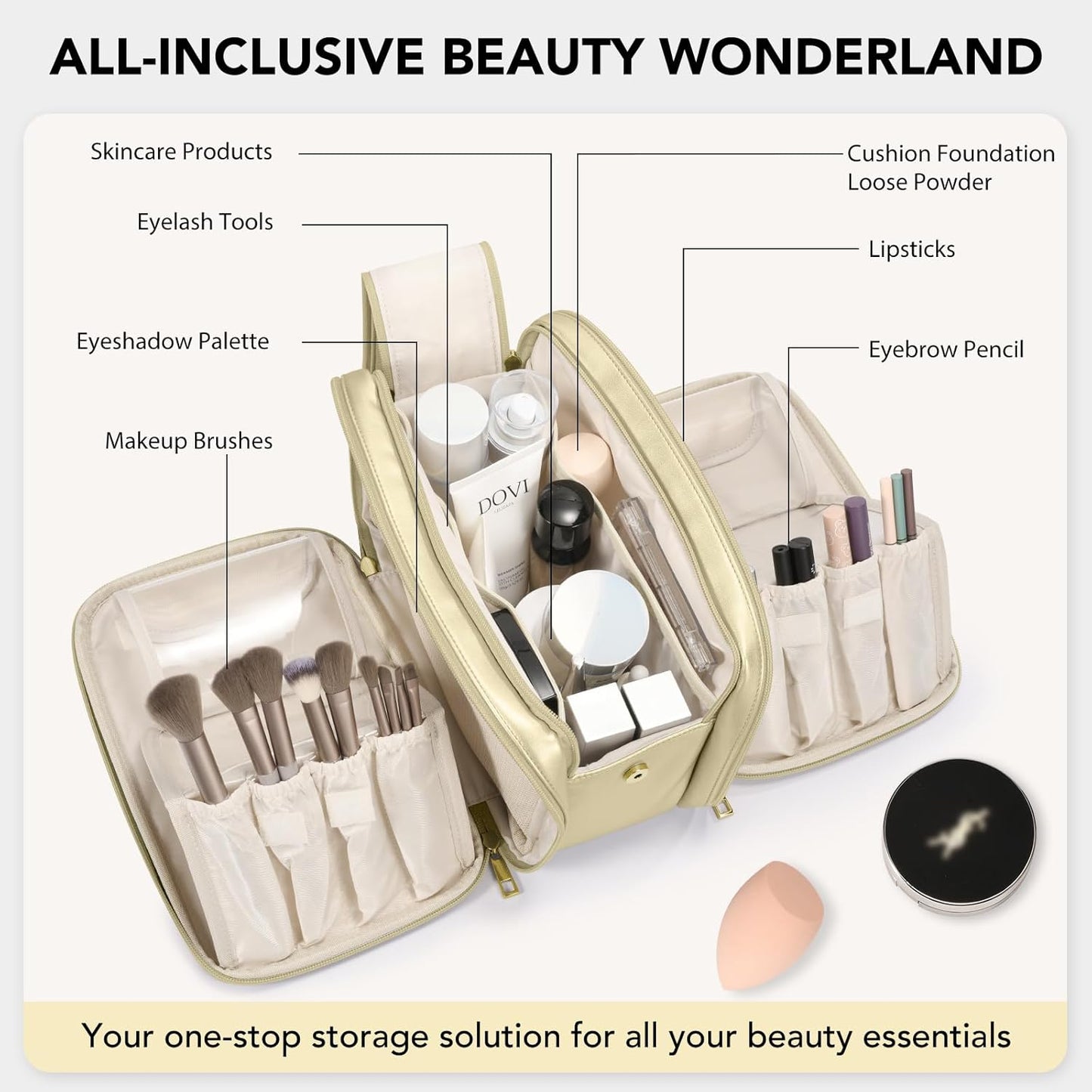 Travel Makeup Bag Women's Large Capacity Cosmetic Portable Organizer Large Opening Waterproof Storage Toiletry Bags Vertical Free-Standing Brush Holder for Easy Access Gold