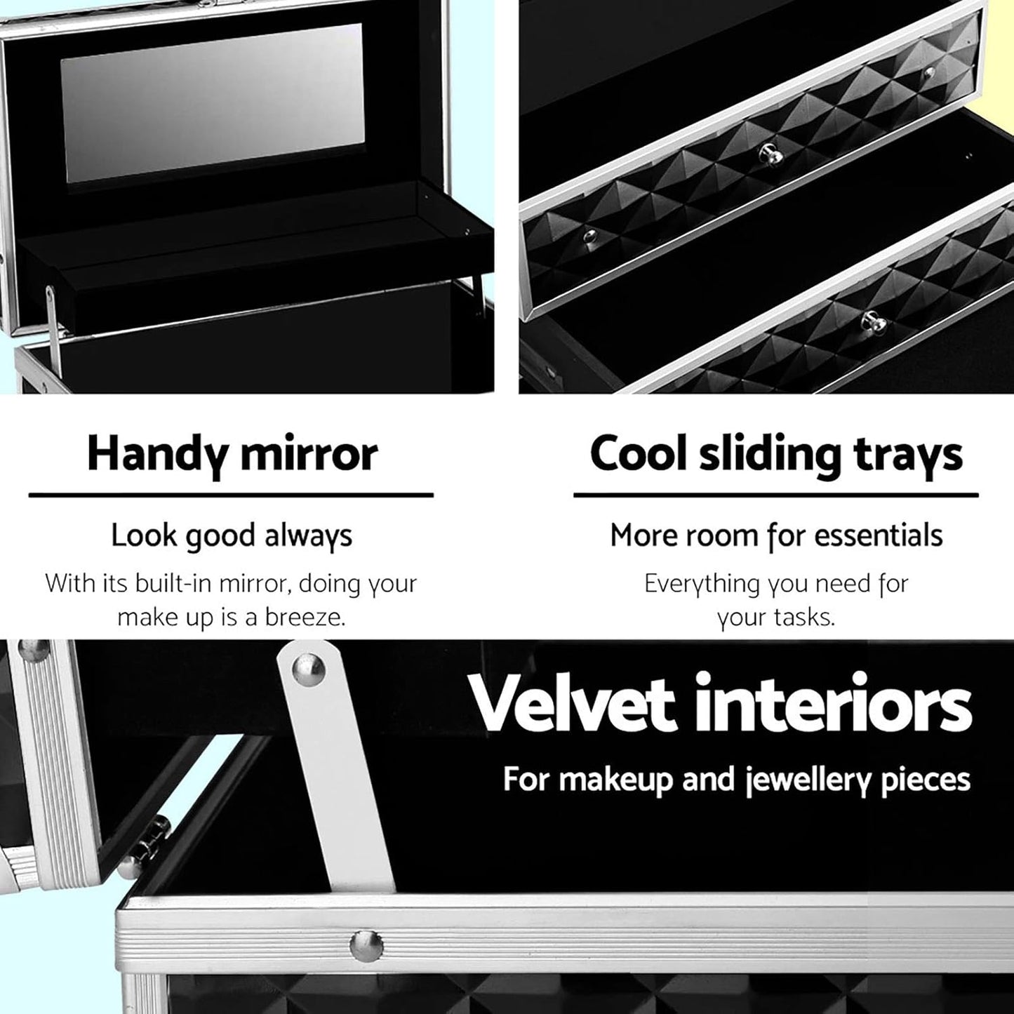 Embellir Makeup Case, Aluminium Beauty Cases Suitcase Make Up Large Organisers Storage Portable Toiletry Cosmetic Box Travel Indoor Outdoor Accessories, with 2 Sliding Trays Level Section Black