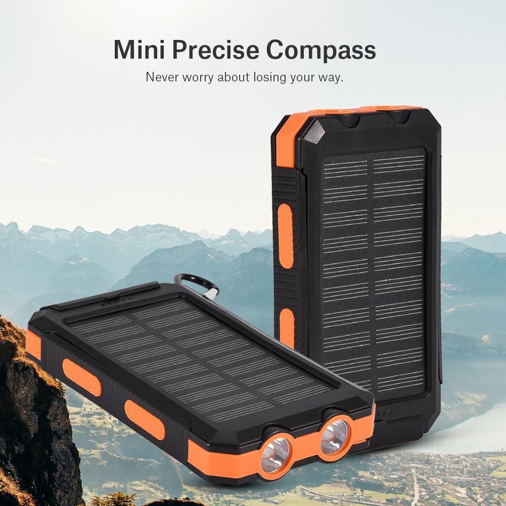 Solar Power Bank, Plastic + Silicone Material Long Use Time Charger Power Bank Great Workmanship with Compass for Travel for Outdoor Fast Charge for Sport(Black+Orange)