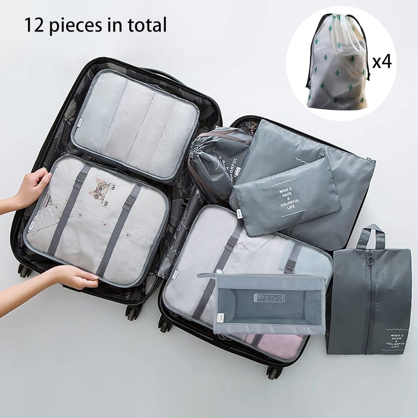 Jikekiroto 12-Piece Travel Organizer Suitcase Set Luggage Packing Set Travel Cubes Packing Organizers Sacks Storage Suitcase Set (Grey)