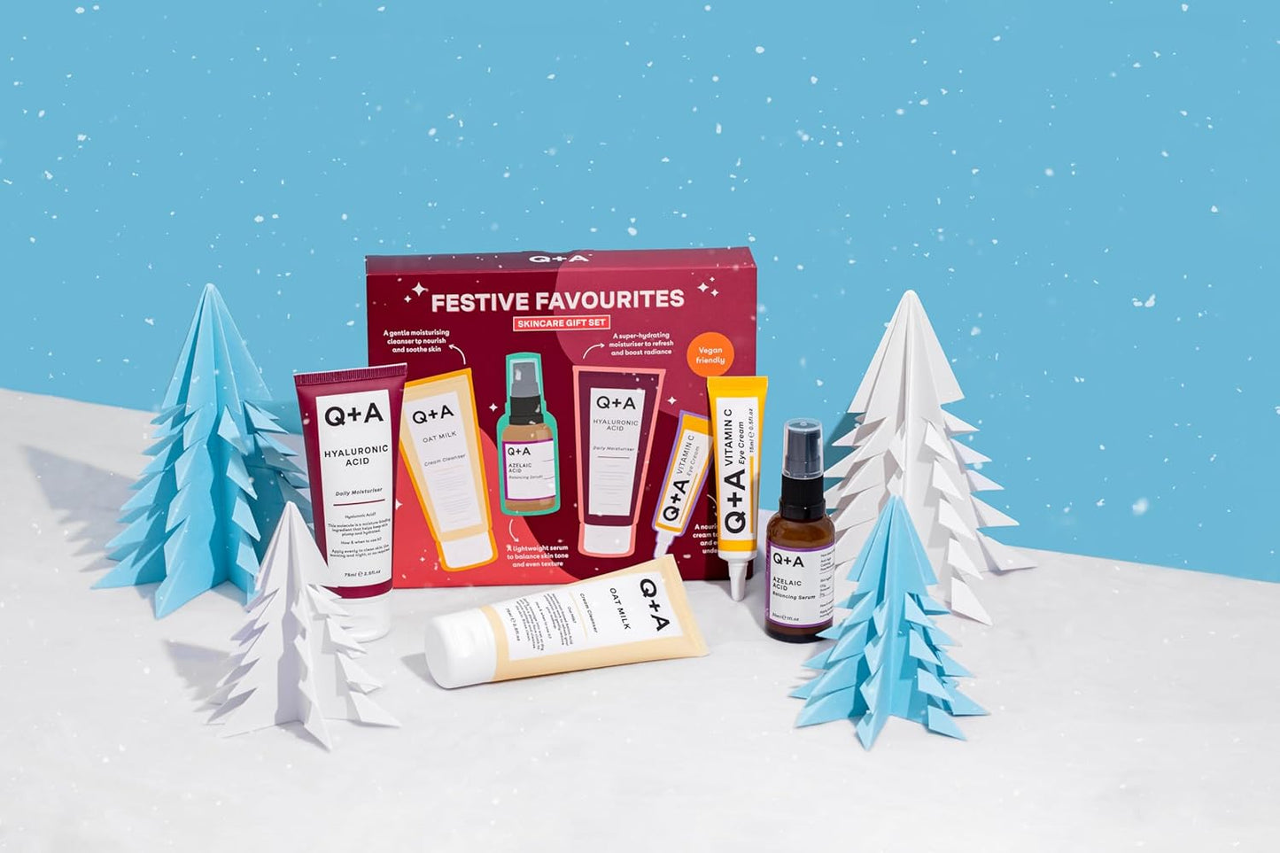 Q+A Festive Favourites Skincare Gift Set with Hyaluronic Acid Moisturising Cream, Cleanser Cream, Azelaic Acid Serum and Eye Contour Serum