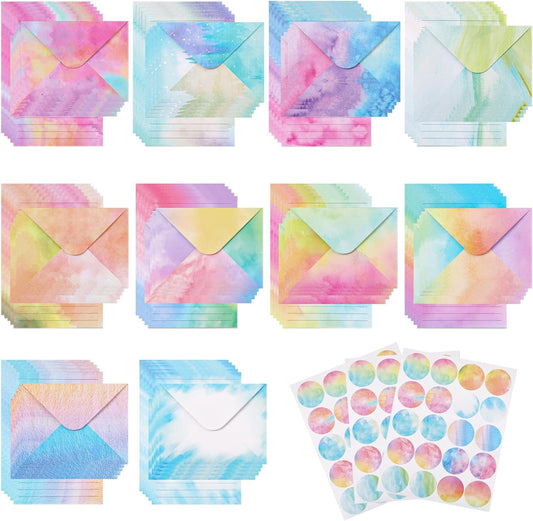 160 Packs Mini Watercolor Stationery Paper Set 10 Styles Designs Pastel 50 Matching Letter Envelopes 50 Stationery Writing Papers 60 Round Dot Sticker for Office School Supplies