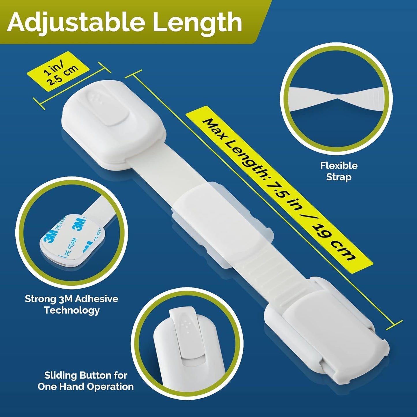 Child Safety Locks -VALUE PACK (10 Straps)- No Tools or Drilling -Adjustable Size/Flexible -Adhesive Furniture Latches For Cabinets, Drawers, Appliances, Toilet Seat, Fridge, Oven & More (White/White)