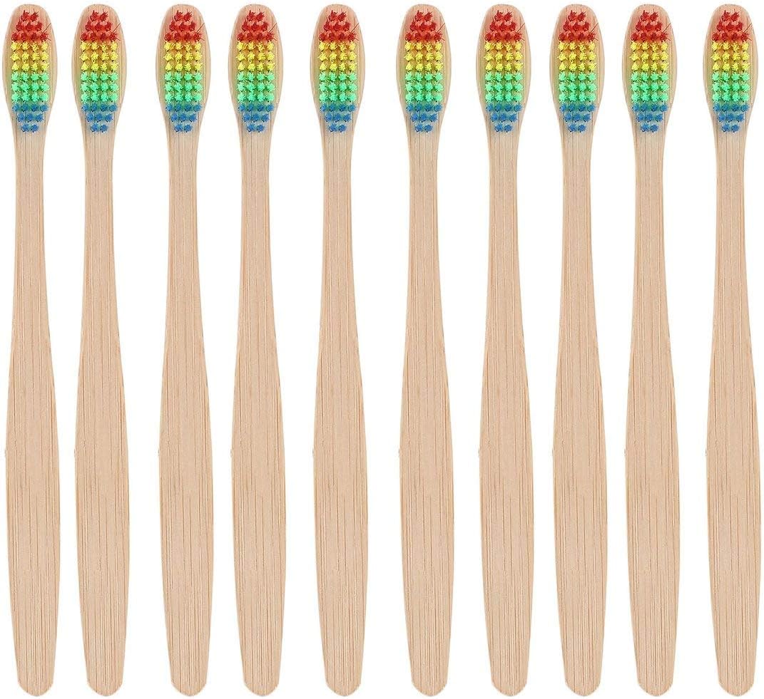 Colorful Hair + Bamboo Handle Toothbrush Environment Wooden Rainbow Bamboo Toothbrush Oral Care Soft Bristle Unisex - Wood Color+Colorful