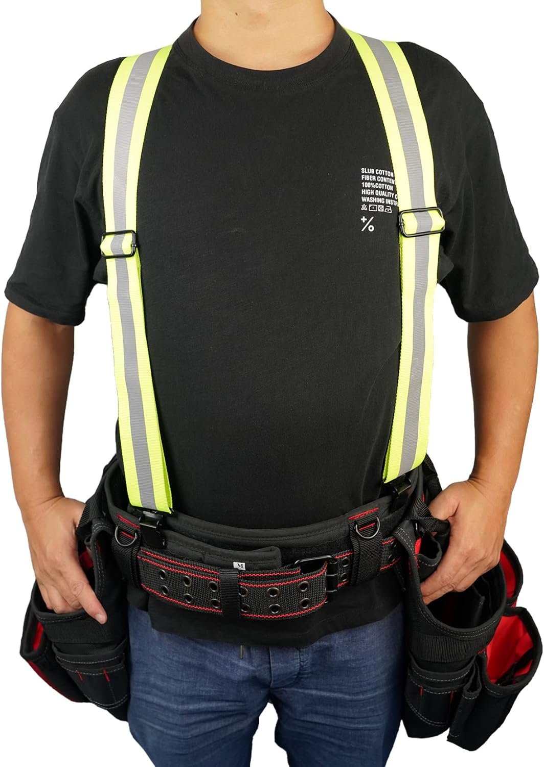 MELOTOUGH Tool Belt Suspenders Reflective Safety Suspenders With Fully Elastic 2 inch Wide Y back Heavy Duty Suspenders, Lime Green, one size fits most