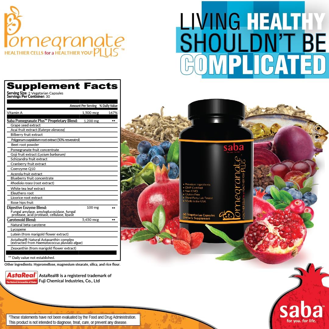 Saba Pomegranate Plus -Cellular Nutrition, Broad Spectrum of Essential Antioxidants - Support Stress, Cardiovascular Wellness, Immune System, Vision- 60 Capsules