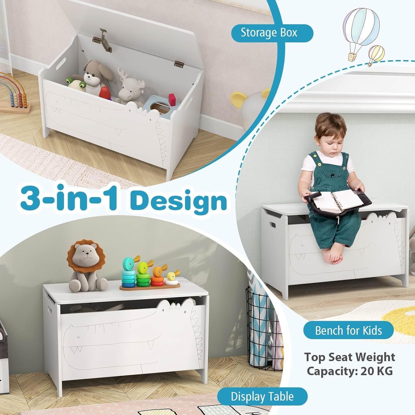 HONEY JOY Kids Toy Box Storage Chest, Wooden Trunk Bench w/Safety Hinge, Children Storage Cabinet w/Handles, Flip-Top Home Organiser Toy Bench Box for Kid’s Room Playroom Bedroom Living Room (White)