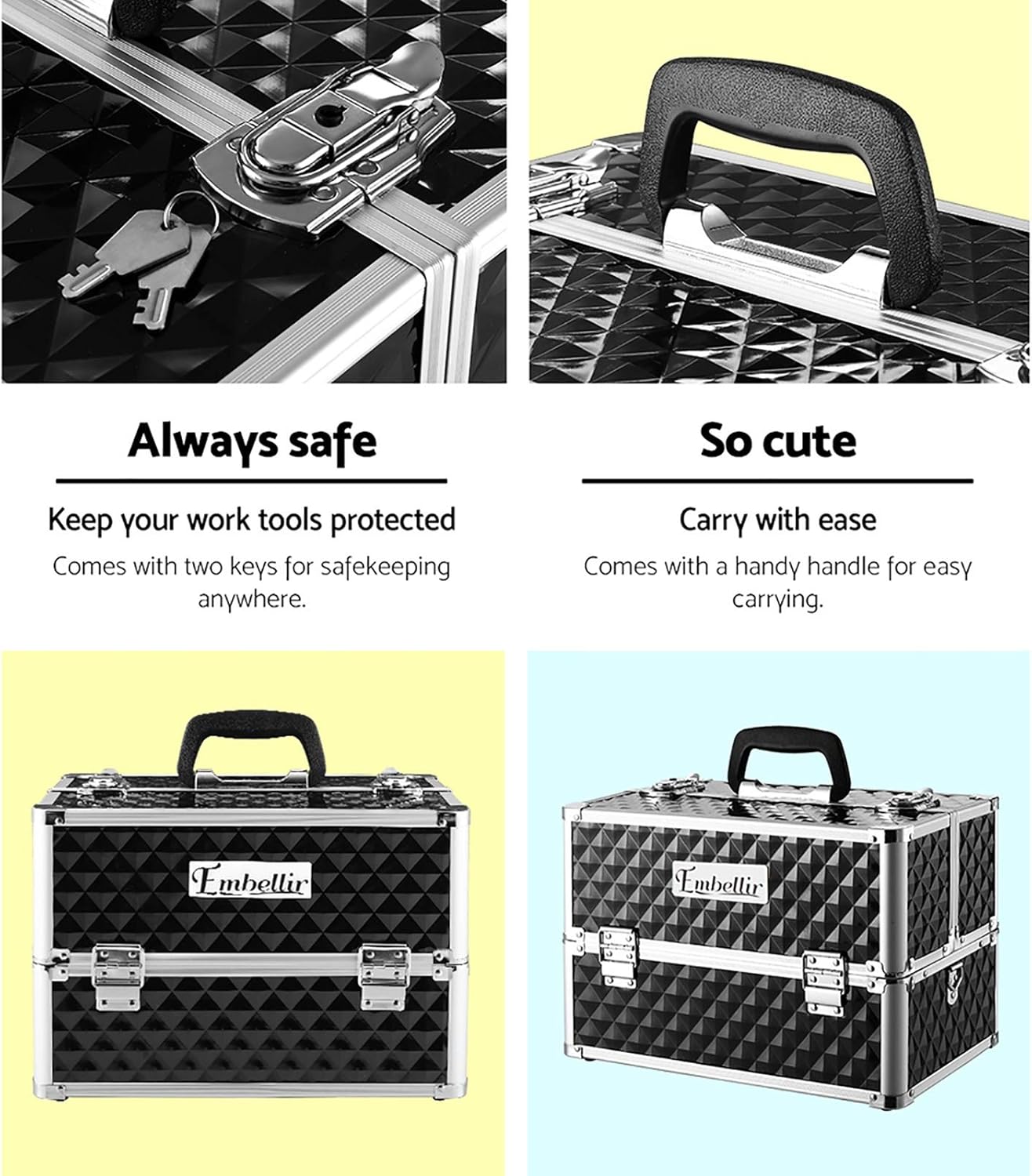 Embellir Makeup Case, Aluminium Lockable Beauty Cases Suitcase Make Up Large Organisers Storage Portable Toiletry Cosmetic Box Travel Indoor Outdoor Accessories, with 8 Dividers 4 Sliding Trays Black