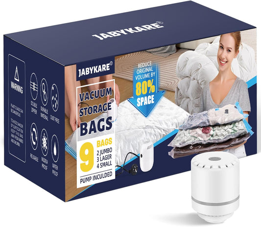 Jabykare 9 Pack Vacuum Storage Bags with Electric Air Pump - Travel Essentials Space Saver, Compression Bags, Travel accessories, Vacuum Sealer Bags for Home Storage & Organisation