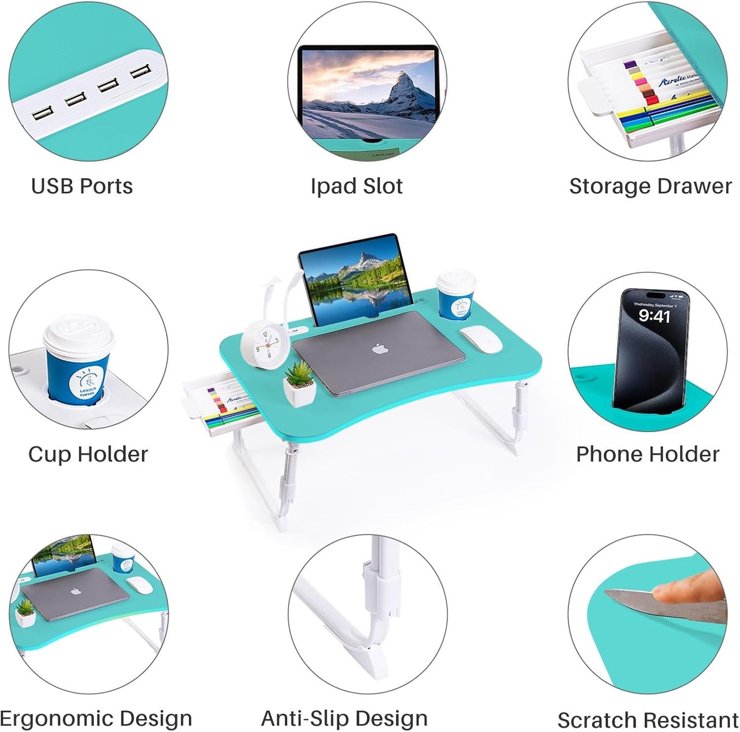 Laptop Desk for Bed, Height Adjustable Laptop Bed Table, Foldable Portable Lap Desk Stand with USB/Storage Drawer/Cup Holder/Slot, Breakfast Tray for Working Reading Writing Eating
