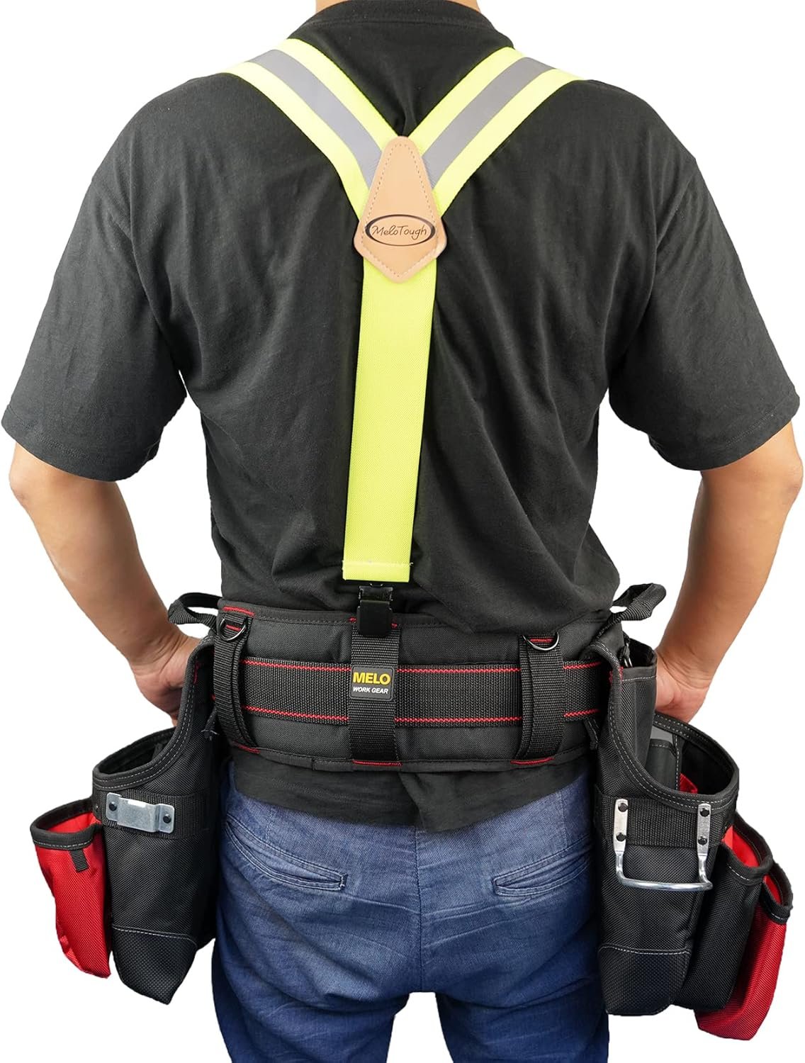 MELOTOUGH Tool Belt Suspenders Reflective Safety Suspenders With Fully Elastic 2 inch Wide Y back Heavy Duty Suspenders, Lime Green, one size fits most