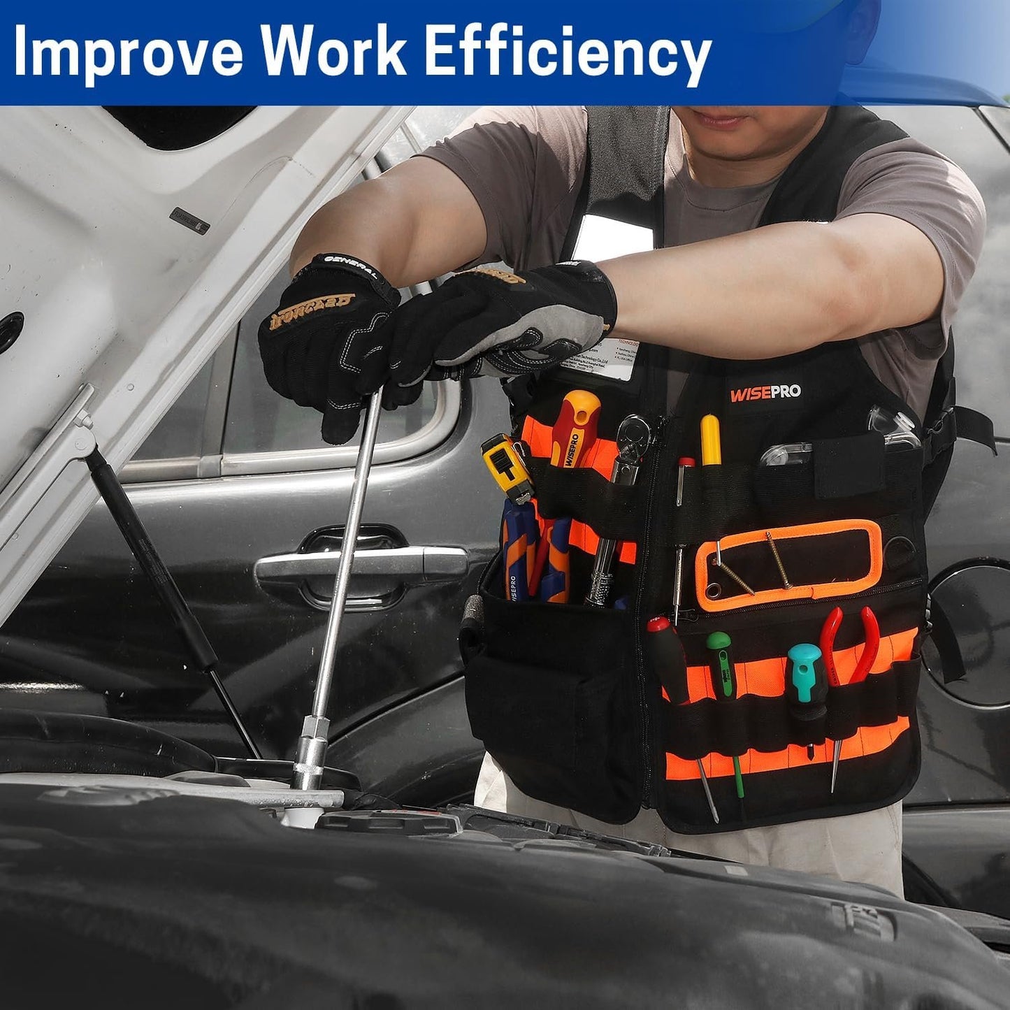 WISEPRO Tool Vest, Electrician Safety Vest with Pockets and Zippers, All Purpose Tool Vest Work Vest for Men Carpenters Electricians Handyman, Black Orange