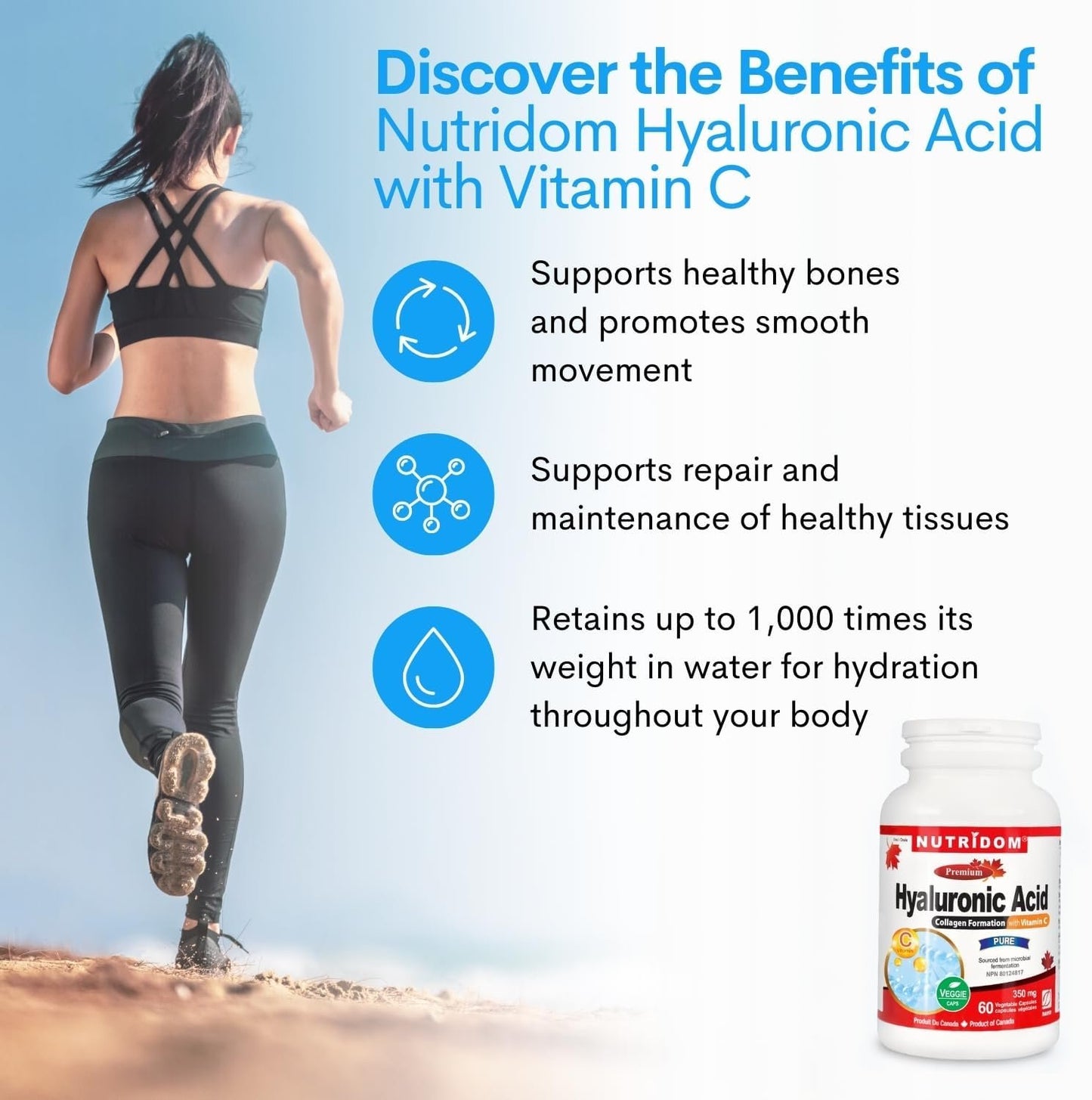 Nutridom Hyaluronic Acid Supplements, 60 Veggie-Capsules, 200mg of Hyaluronic Acid with 150mg of Vitamin C, All Natural, Non-GMO, Vegan, Gluten-free, Dairy-free, and Soy-free