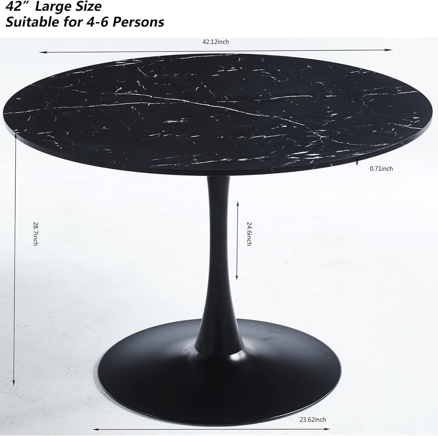 Modern Round Dining Table Tulip Table for 4-6 Persons, Wooden MDF Top Black Marble Pattern Mid-Century Leisure Table for Kitchen (Black Marble, 42")